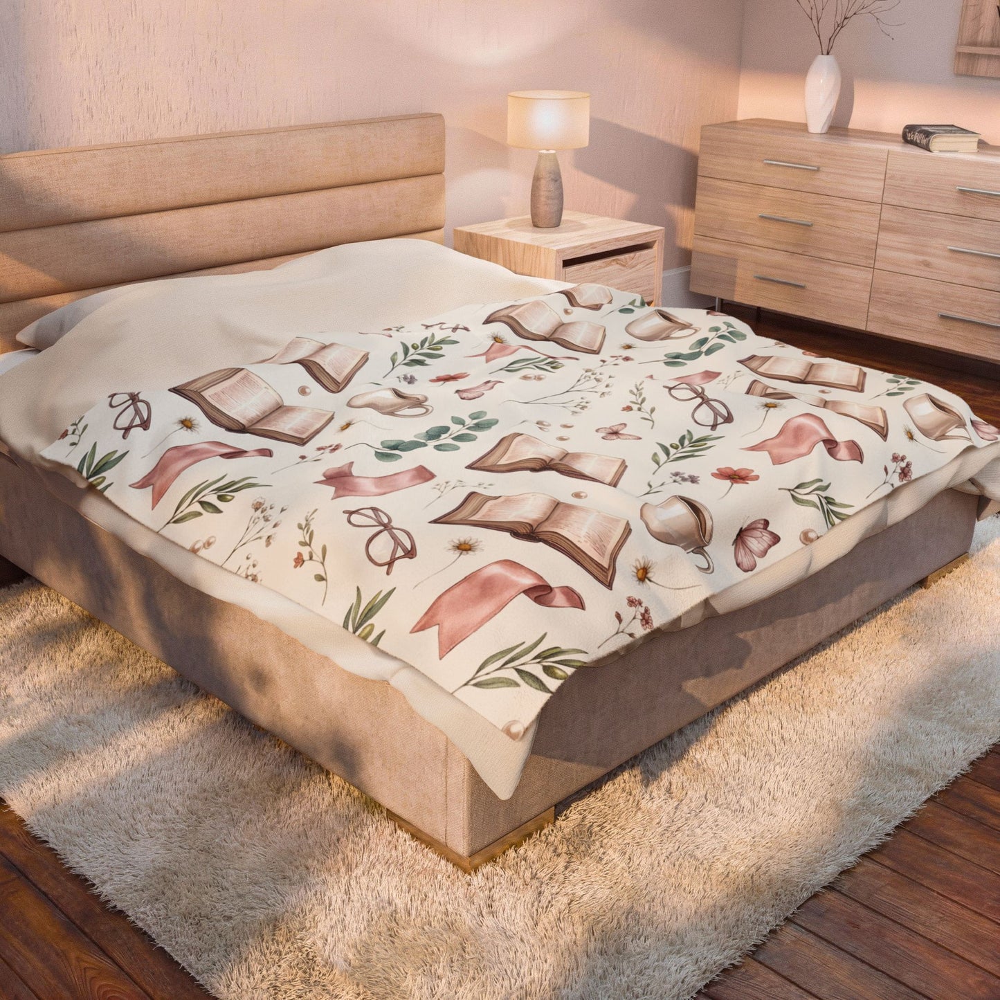 Cozy Reading Velveteen Blanket – Book, Mug & Floral Pattern Plush Throw