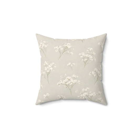 Baby's Breath Floral Decorative Pillow — Neutral Cottagecore Square Throw Pillow
