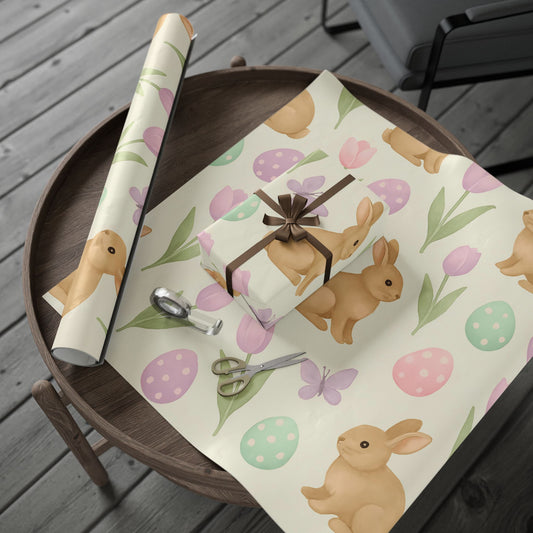 Pastel Easter Wrapping Paper – Bunnies, Eggs, Tulips & Butterflies on Cream Background