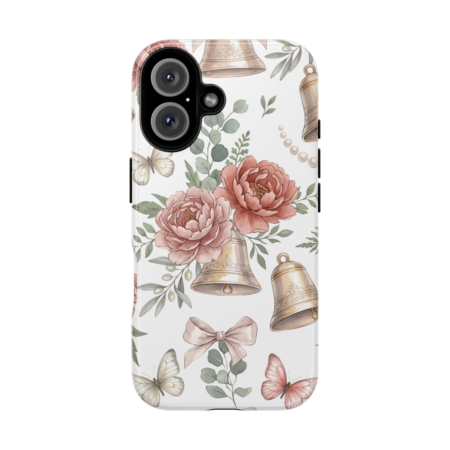 Floral Wedding Bells Phone Case — Vintage Roses, Butterflies & Bow Protective Tough Case