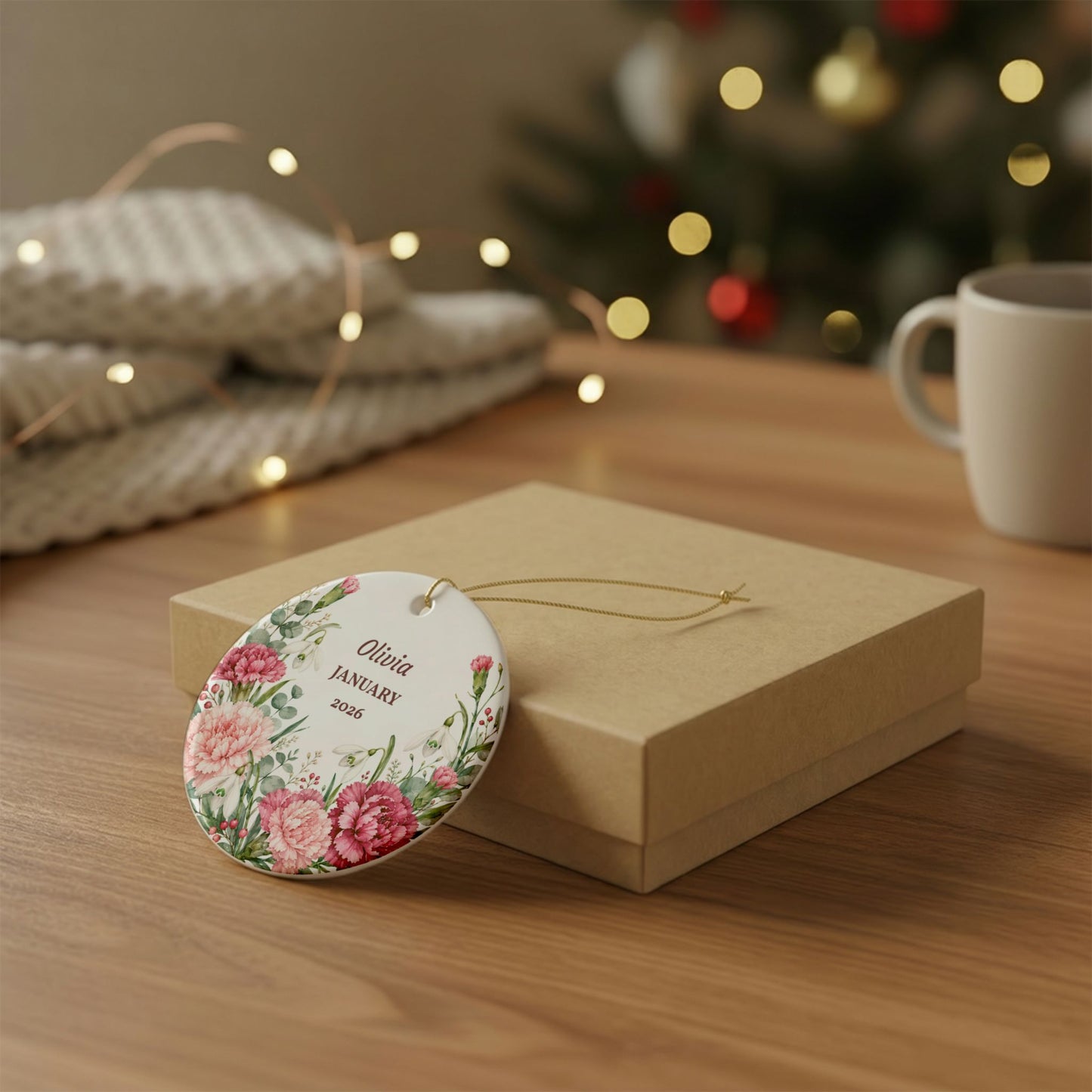 Personalized Floral Ornament — Custom Name & Month Ceramic Keepsake (January)