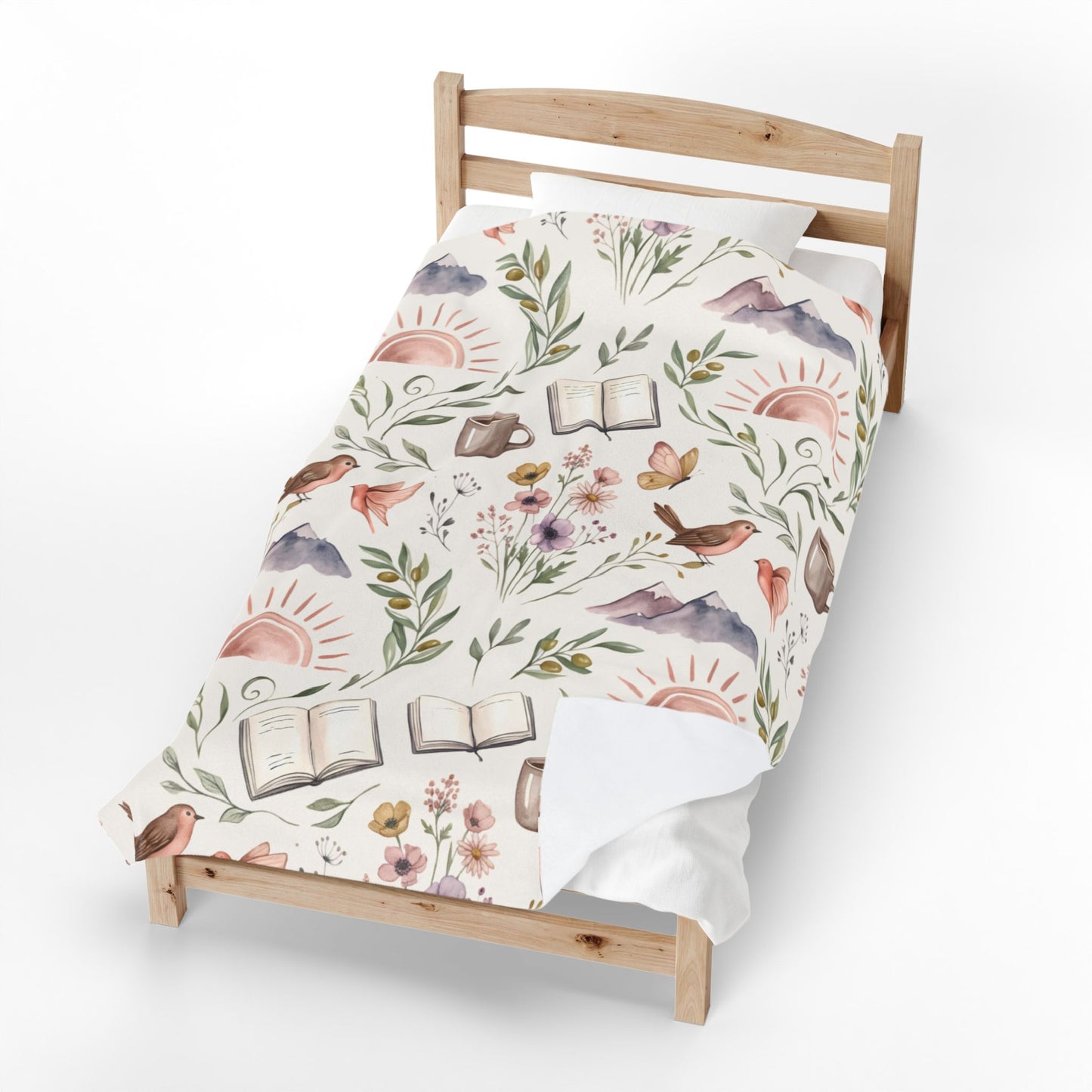 Cozy Bookish Floral Velvet Plush Blanket — Sun, Mountains & Tea Pattern