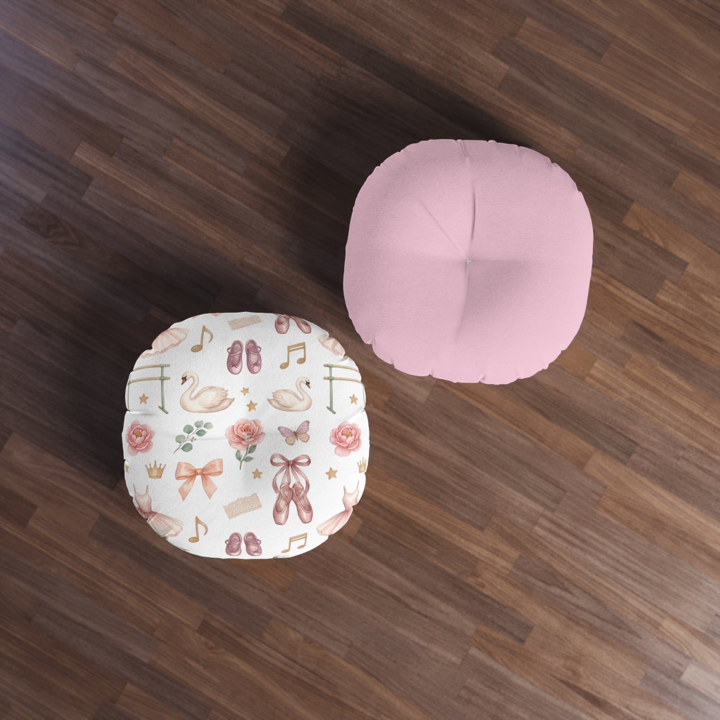 Ballet Bow Tufted Round Floor Pillow – Pink Swan Dance Pattern