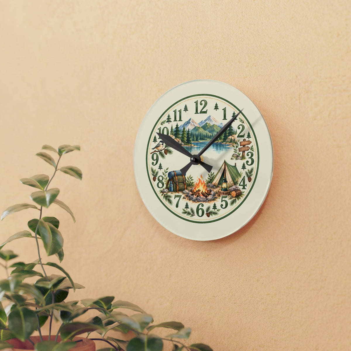 Rustic Camping Scene Acrylic Wall Clock