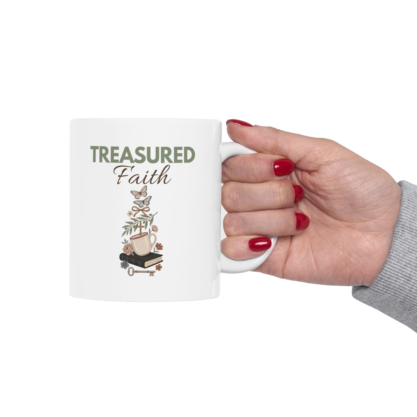 Treasured Faith Ceramic Coffee Mug – Christian Bible Lover Gift – Floral Coffee Cup – Inspirational Religious Mug – 11oz & 15oz