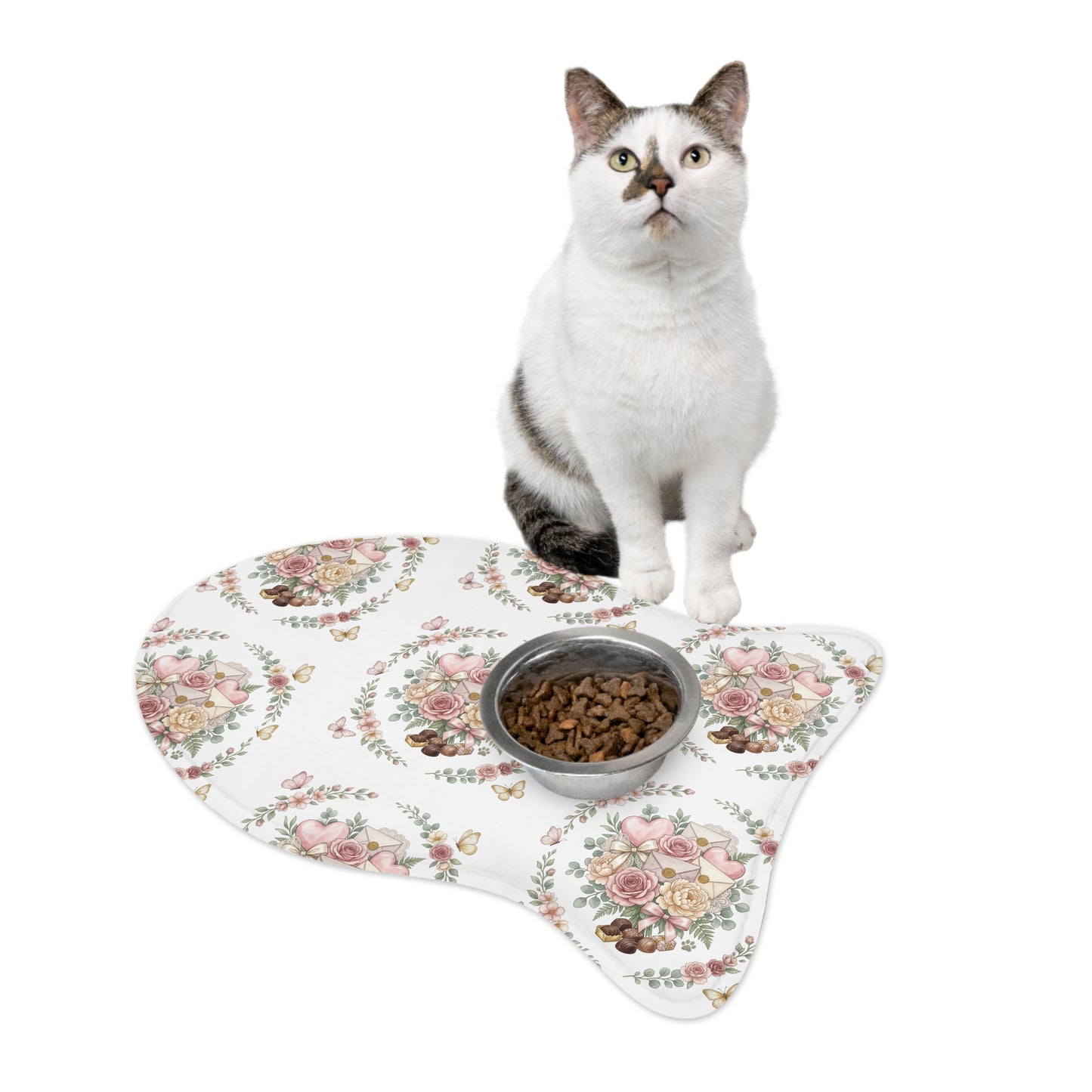 Floral Heart Pet Feeding Mat — Cute Rose & Butterfly Bowl Placemat for Dogs