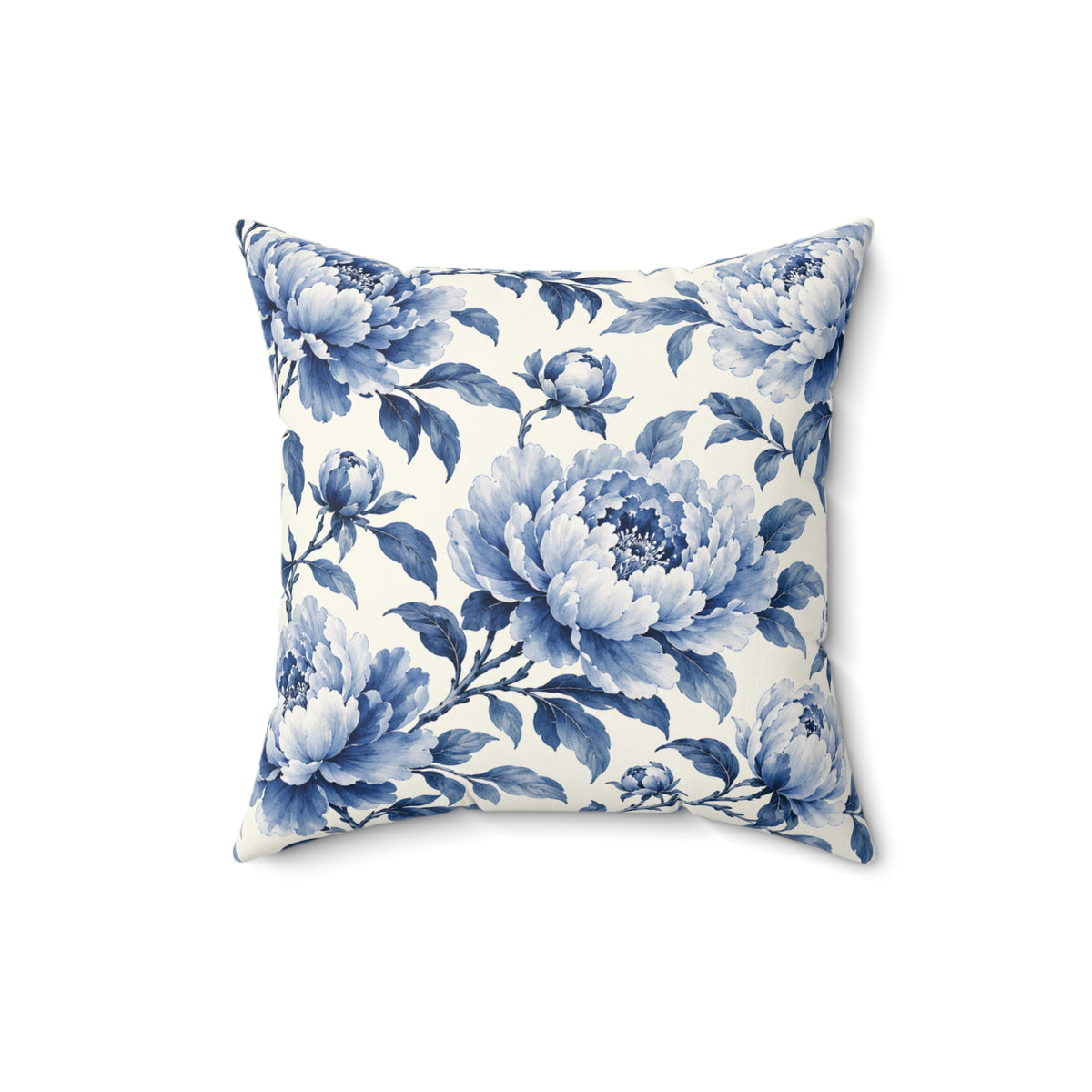 Blue Floral Throw Pillow — Vintage Peony Accent Cushion