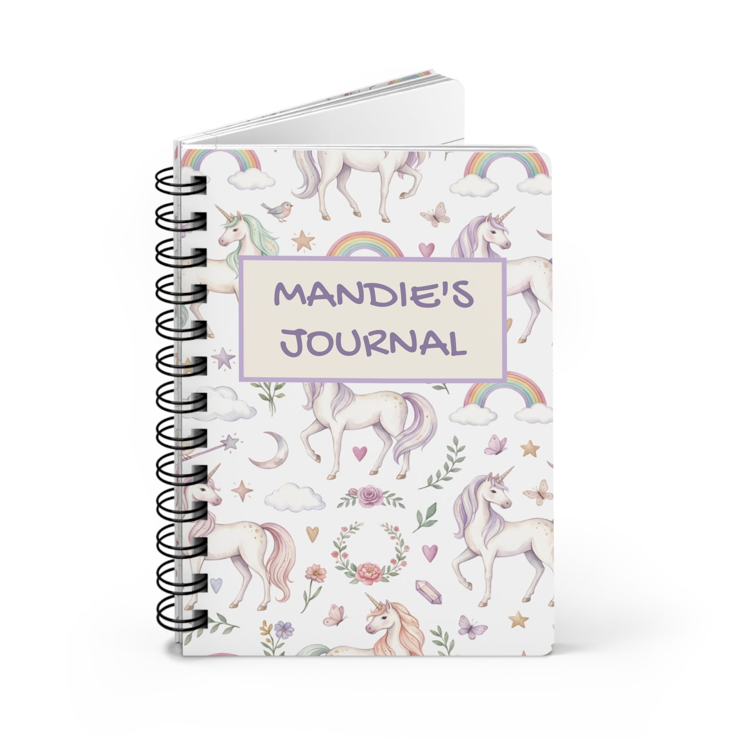 Personalized Unicorn Spiral Journal — "Mandie’s Journal" Cute Pastel Notebooks for Kids & Teens