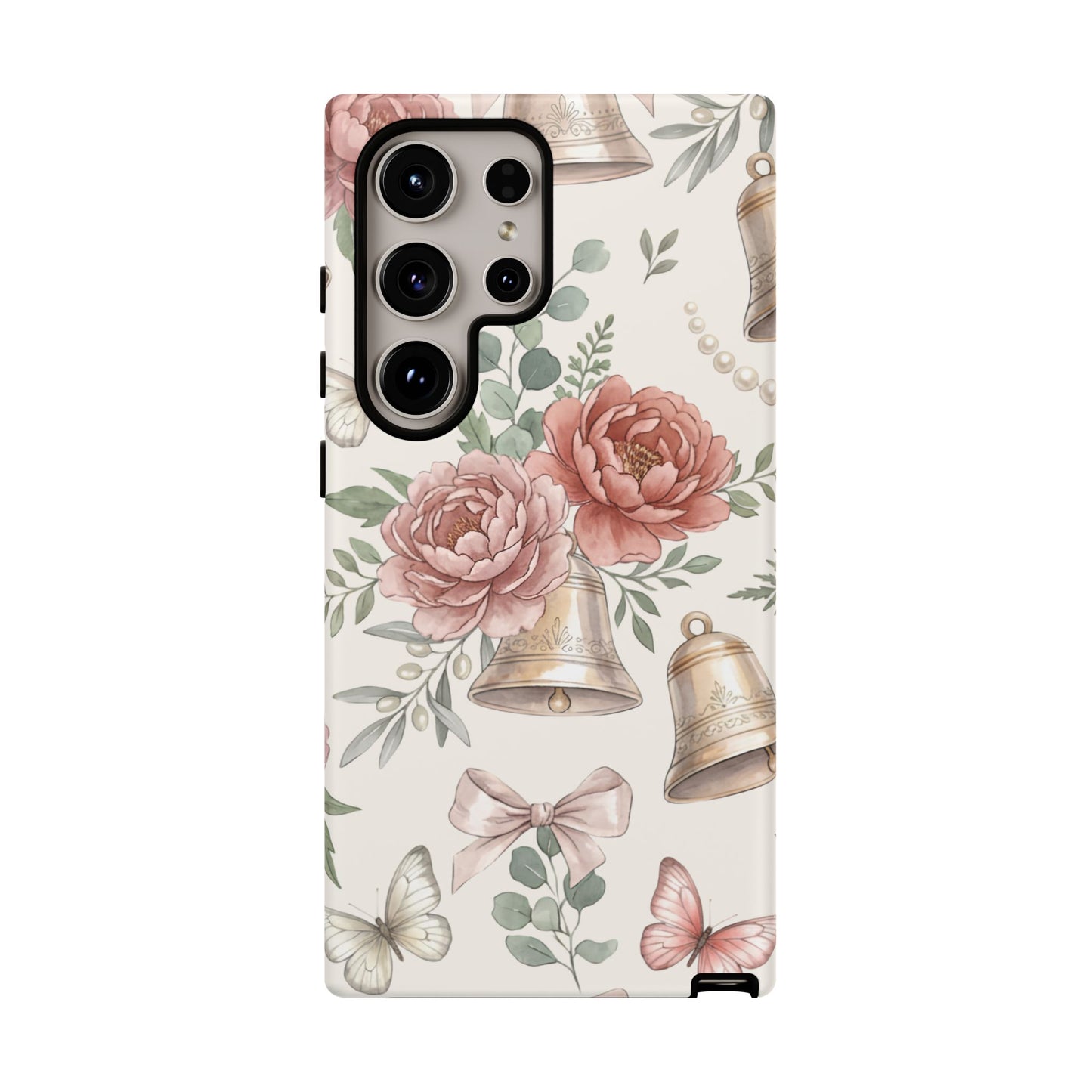 Floral Wedding Bells Phone Case — Vintage Roses, Butterflies & Bow Protective Tough Case