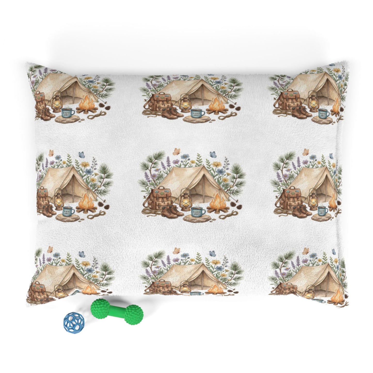 Cozy Camping Pet Bed — Watercolor Tent & Paw Print Pattern