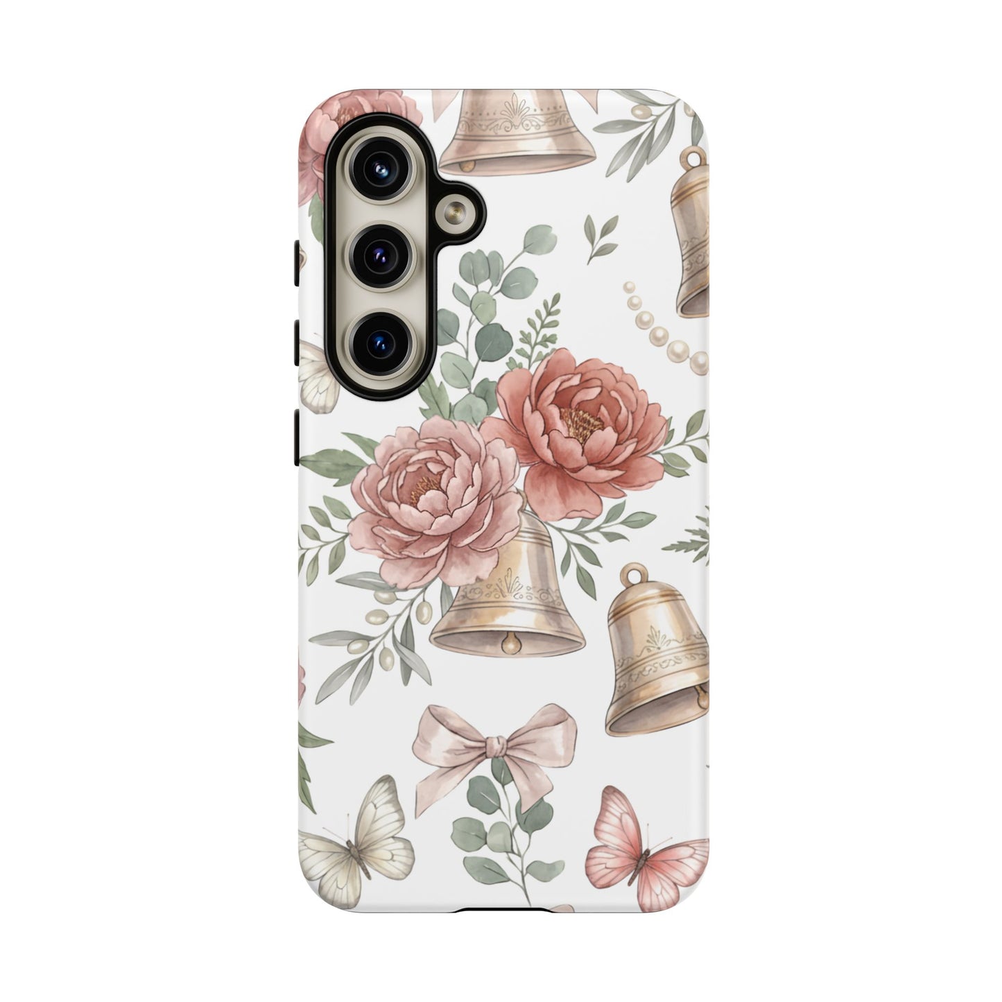Floral Wedding Bells Phone Case — Vintage Roses, Butterflies & Bow Protective Tough Case