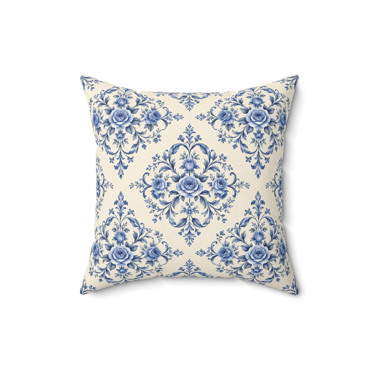 Blue Delft Floral Throw Pillow — Vintage Damask Square Accent Pillow