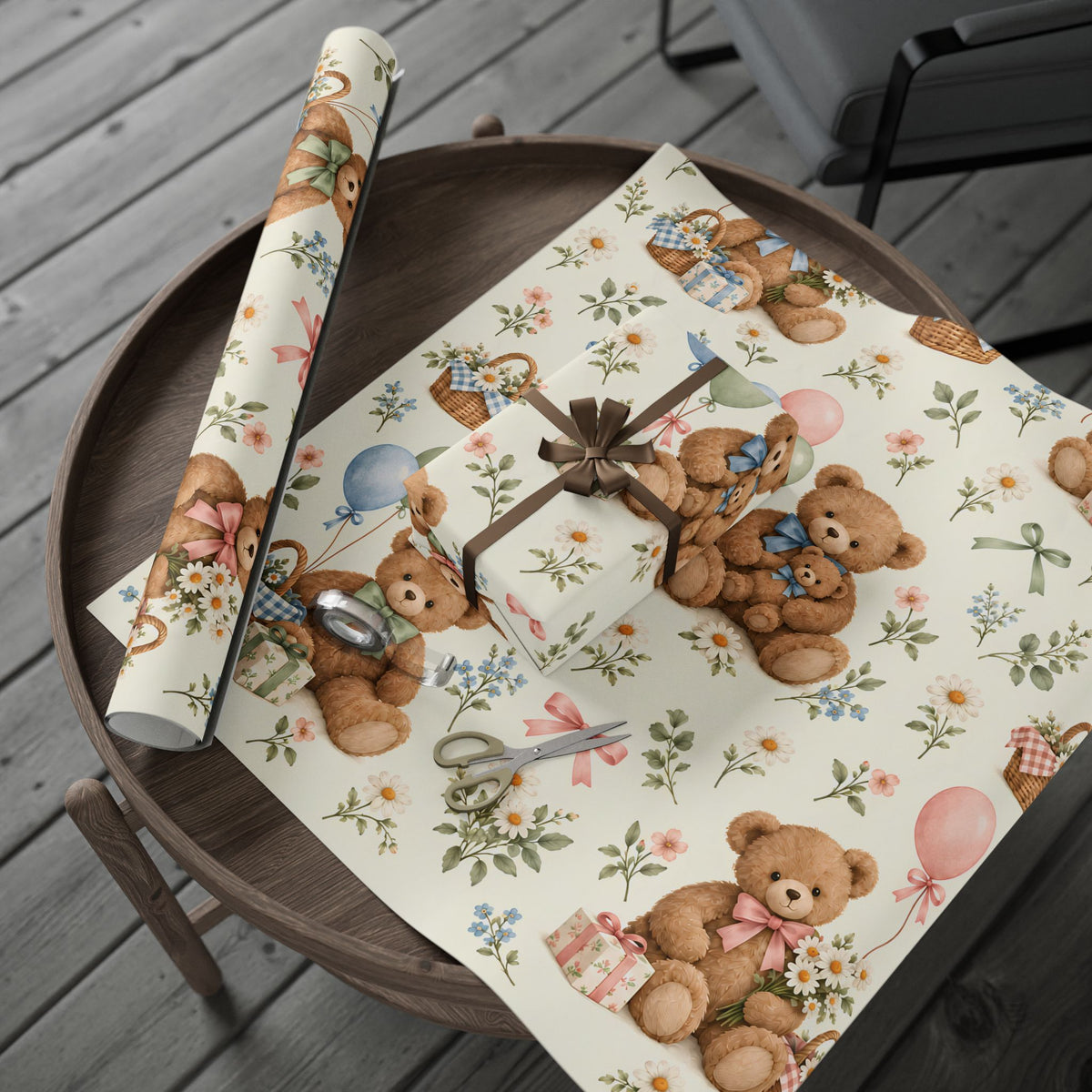 Teddy Bear Floral Wrapping Paper Roll — Vintage Baby Shower & Newborn Gift Wrap