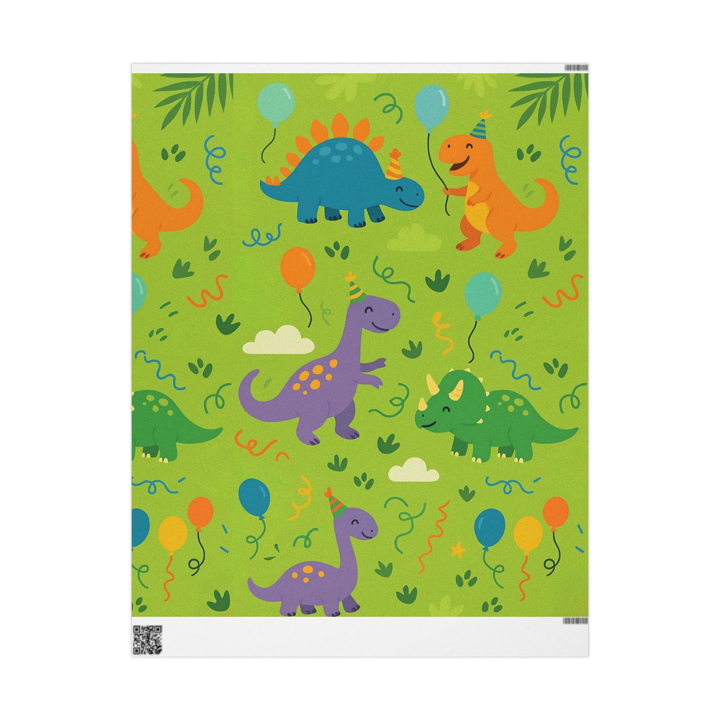 Dinosaur Party Wrapping Paper – Colorful Dinos with Balloons & Hats on Green