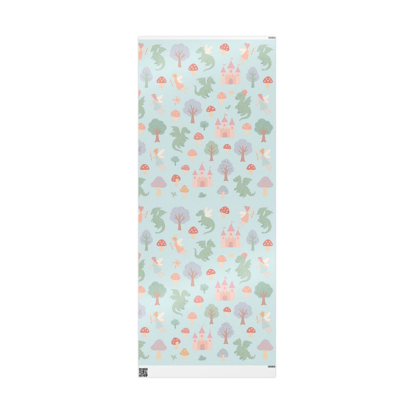 Whimsical Fairy Tale Wrapping Paper – Dragons, Fairies & Castles on Pastel Blue