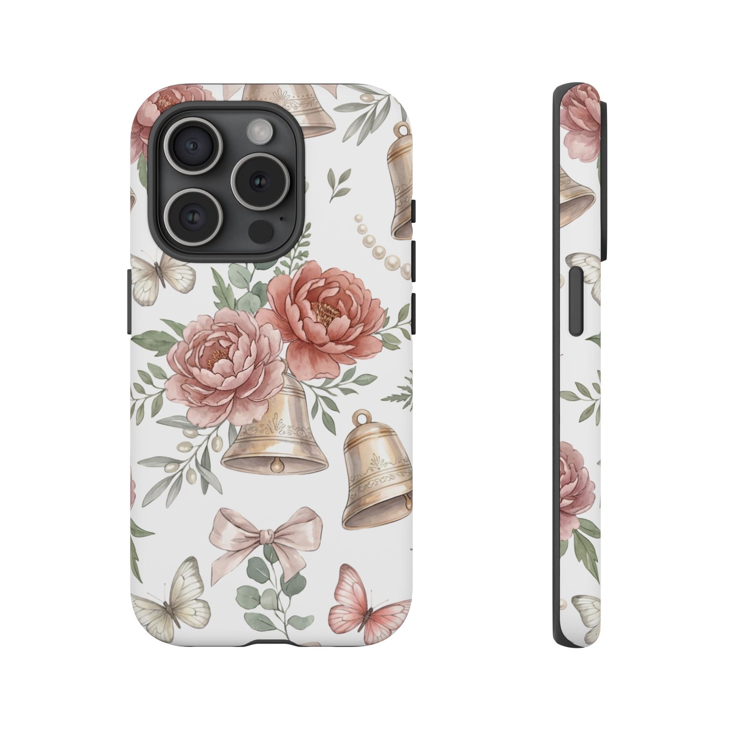 Floral Wedding Bells Phone Case — Vintage Roses, Butterflies & Bow Protective Tough Case