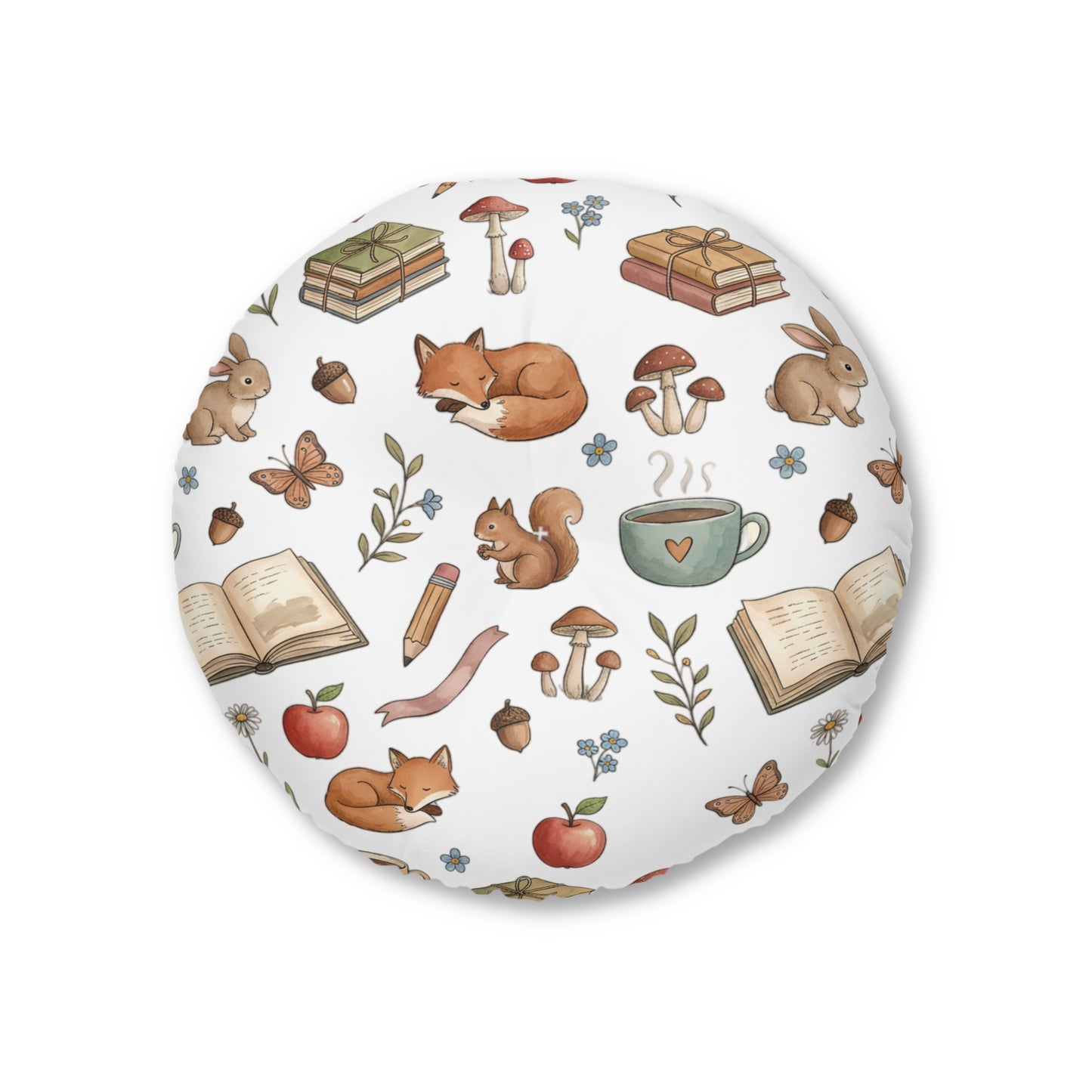 Round Tufted Floor Pillow — Cozy Woodland Reading Pattern