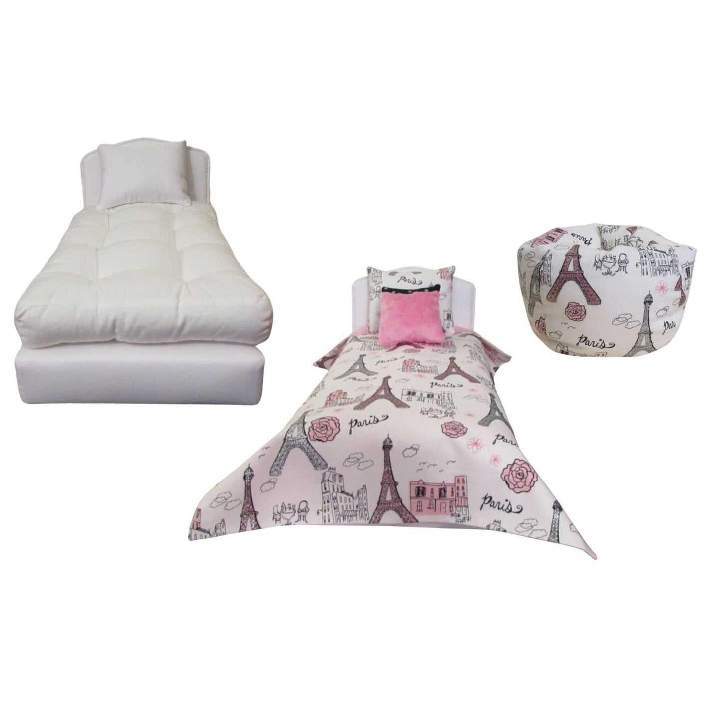 Bedding set with Eiffel Tower design on a white background