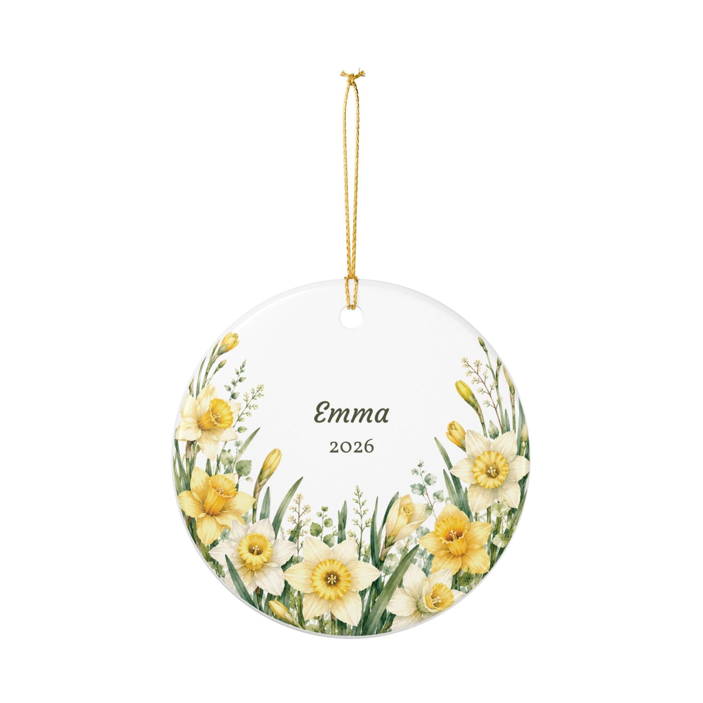 Personalized Daffodil Ceramic Ornament – Name & Year Keepsake (e.g., Emma 2026)