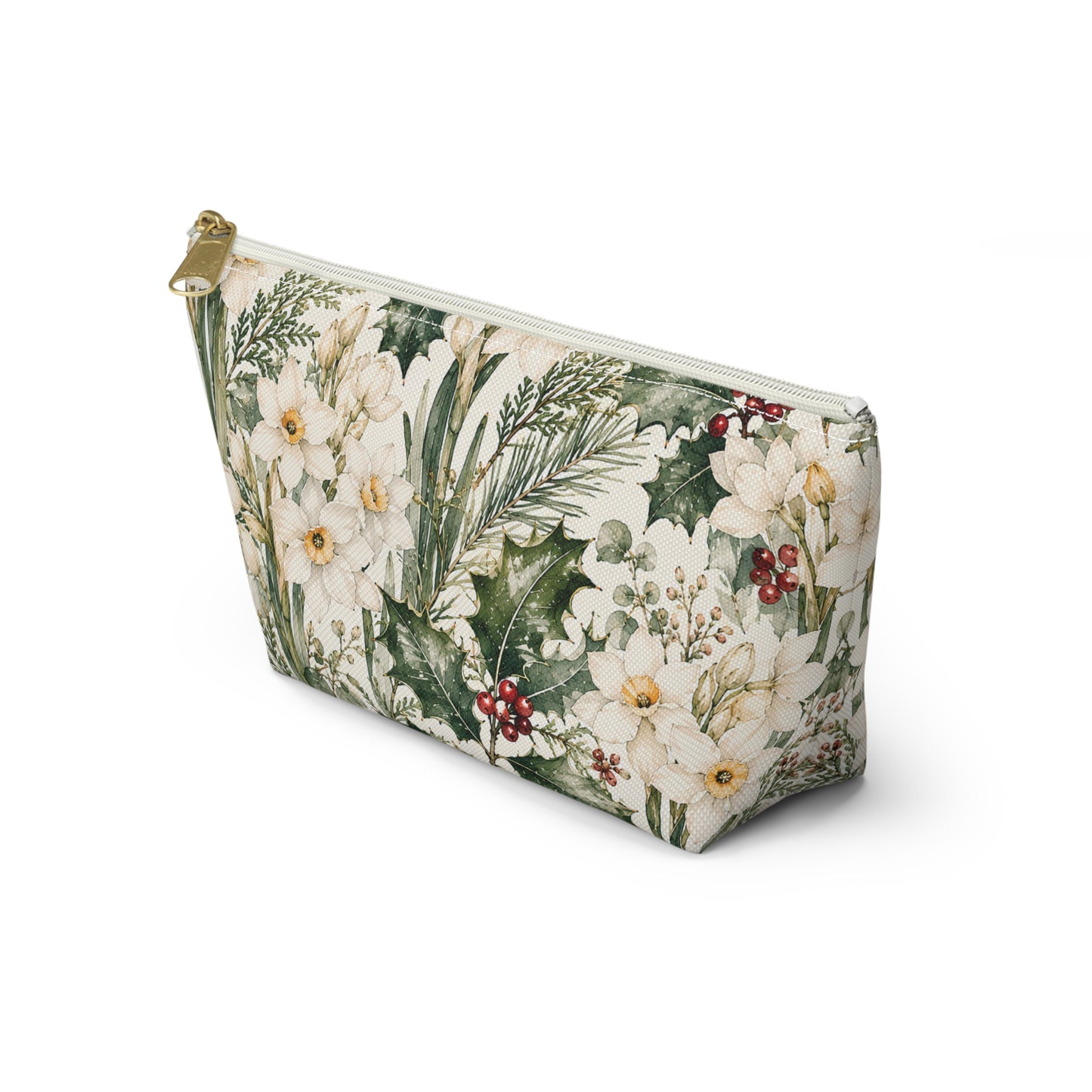 Floral Winter Accessory Pouch — Holiday Daffodil & Holly Makeup Bag
