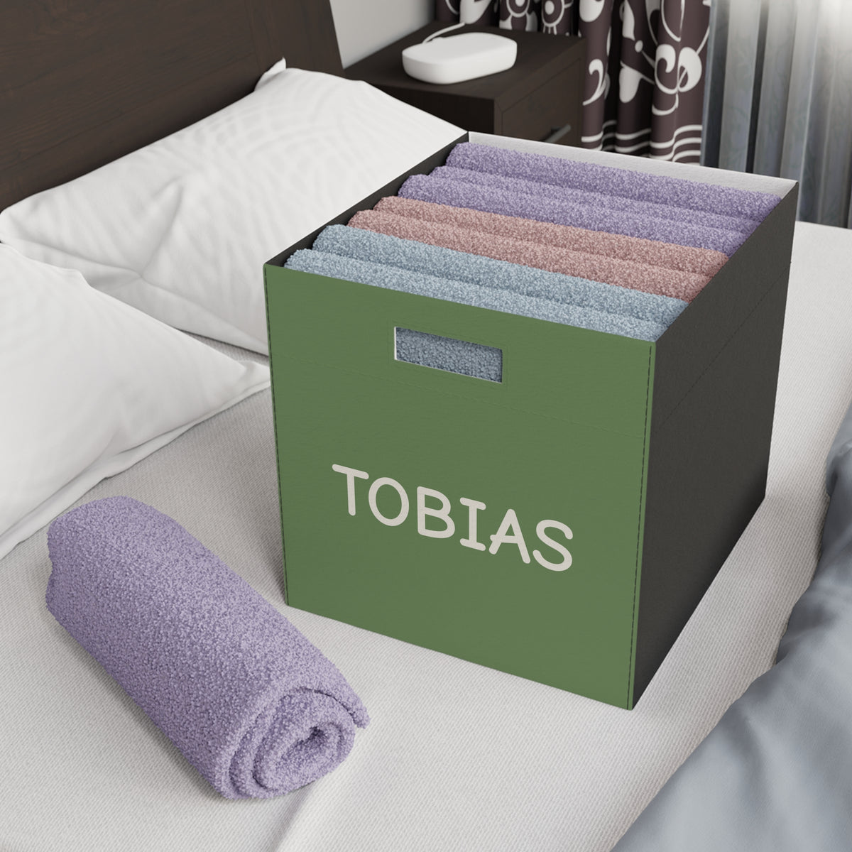 Personalized Felt Storage Box – Olive Green Kids Toy Bin with Name (TOBIAS)