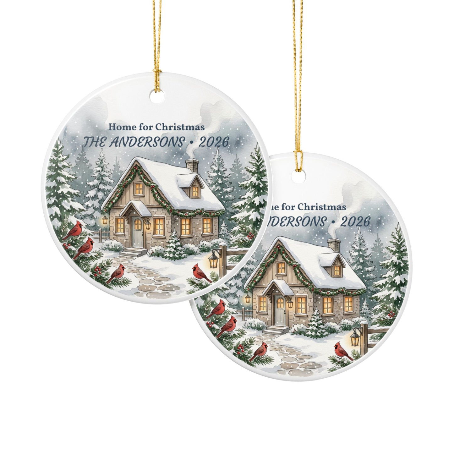 Personalized Ceramic Christmas Ornament - 'Home for Christmas' Snowy Cottage, Family Name & Year