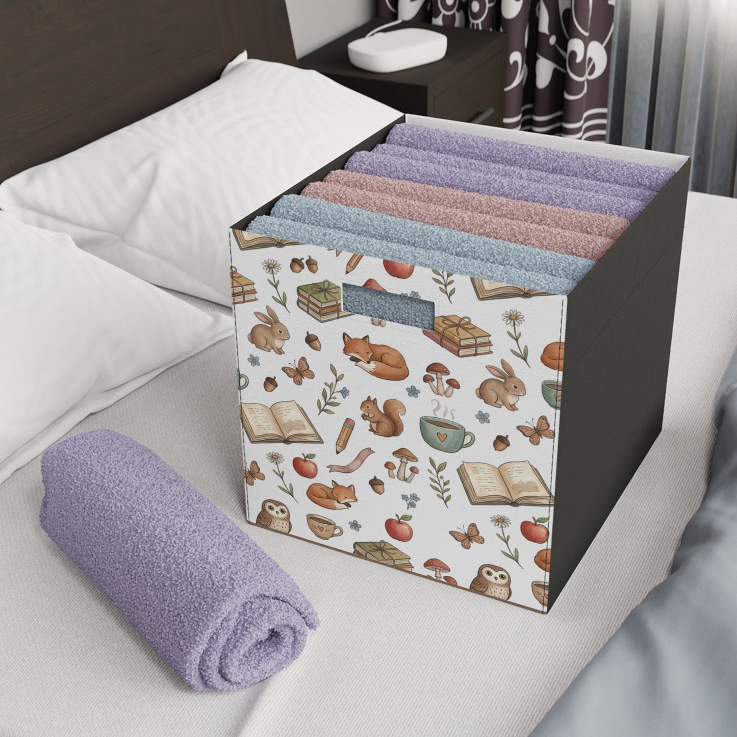 Felt Storage Box — Cozy Woodland Book & Tea Pattern Organizer