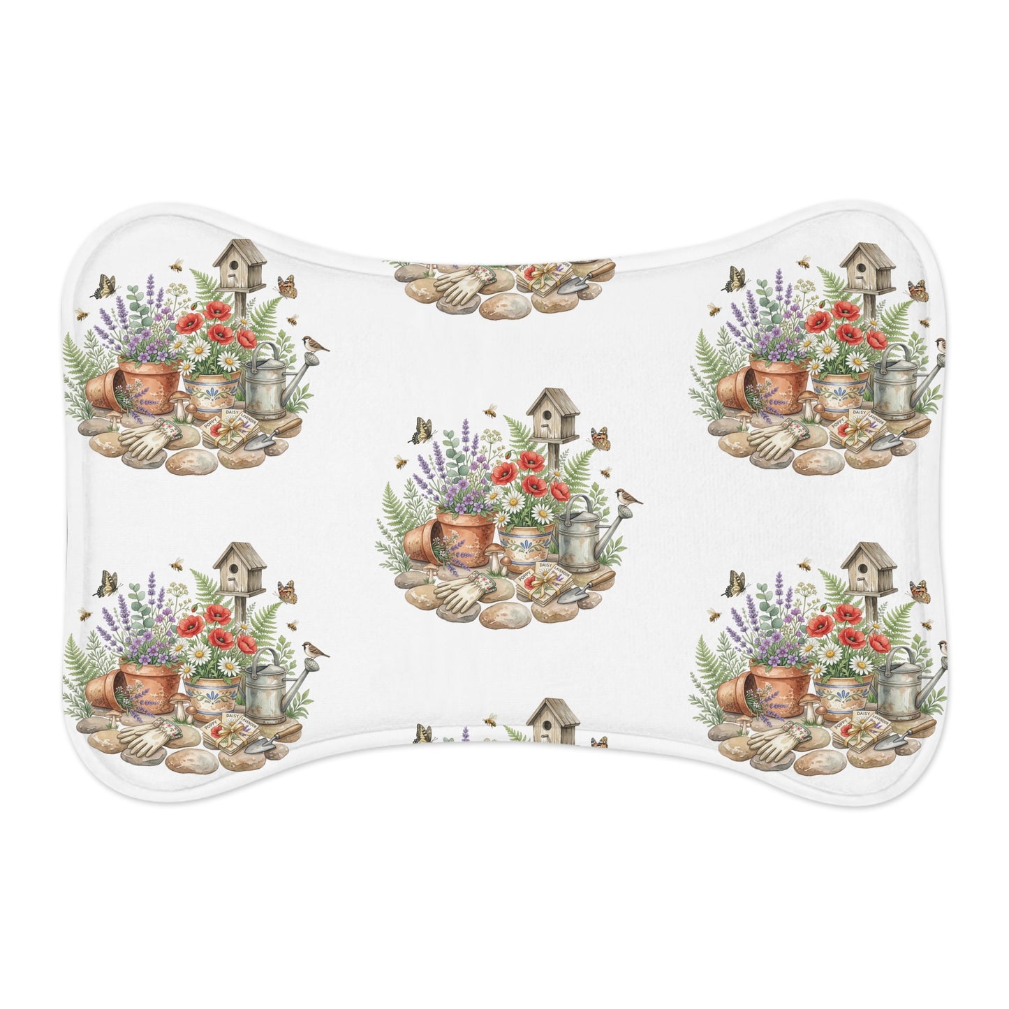 Floral Garden Pet Feeding Mat — Watercolor Birdhouse & Flowers