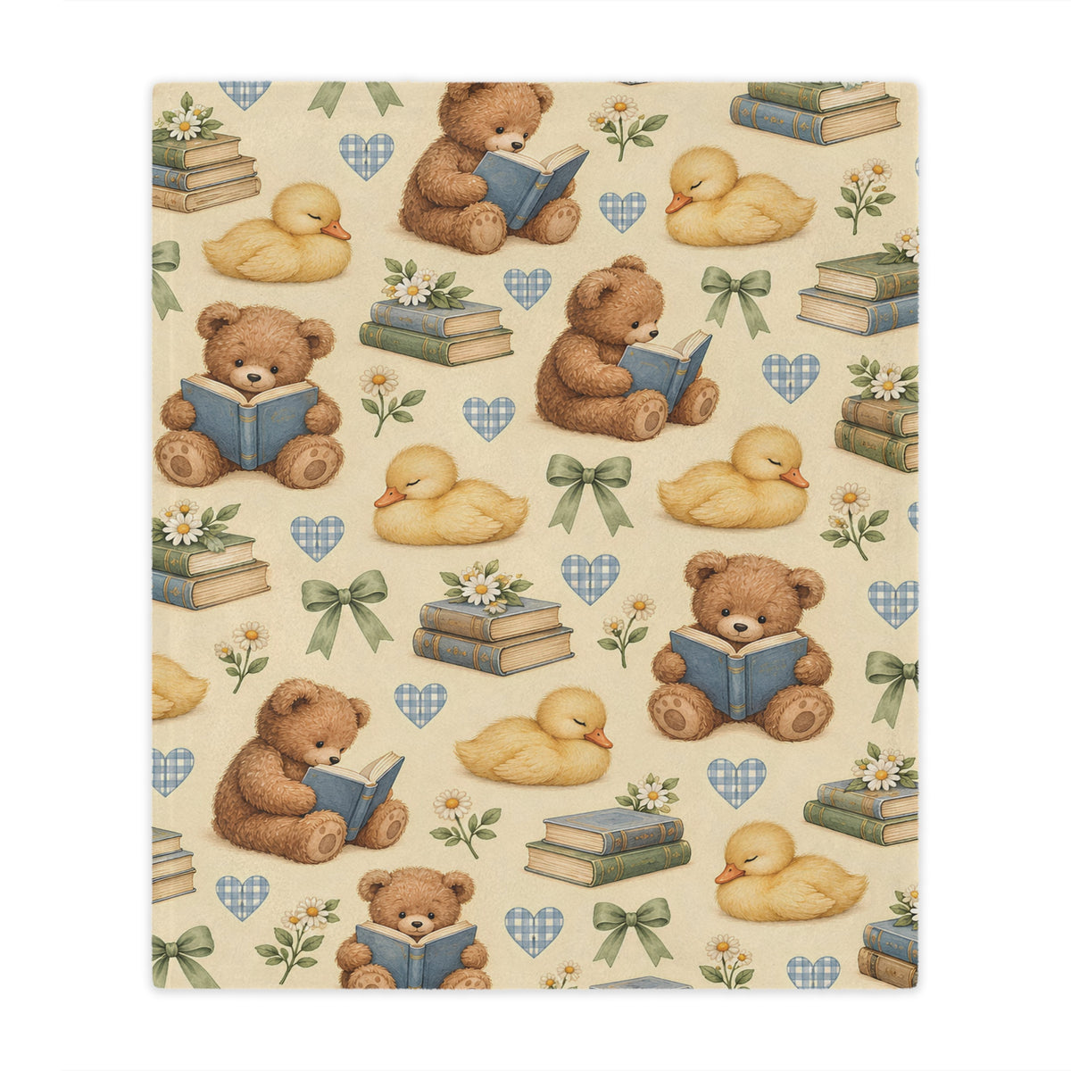 Cute Teddy Bear and Duckling Storytime Minky Blanket