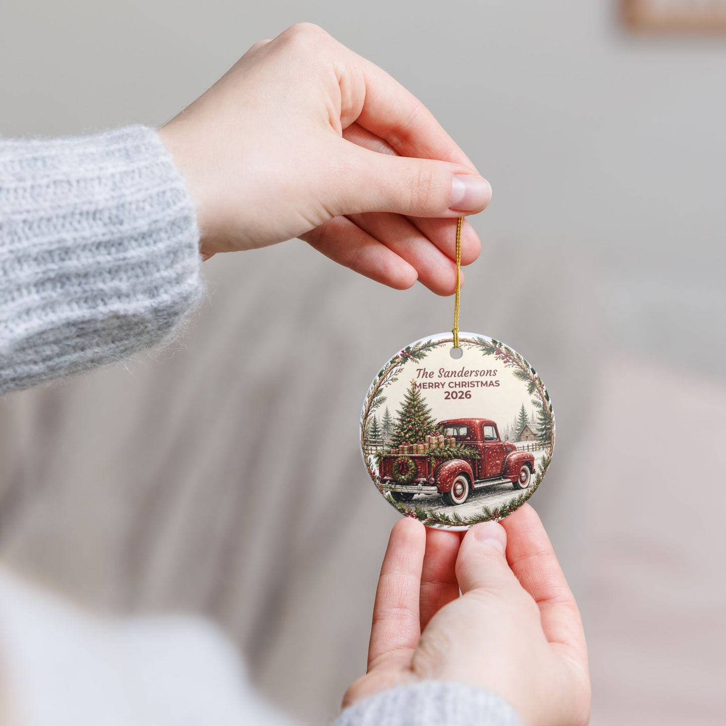 Personalized Ceramic Christmas Ornament — Vintage Red Truck "The Sandersons Merry Christmas"