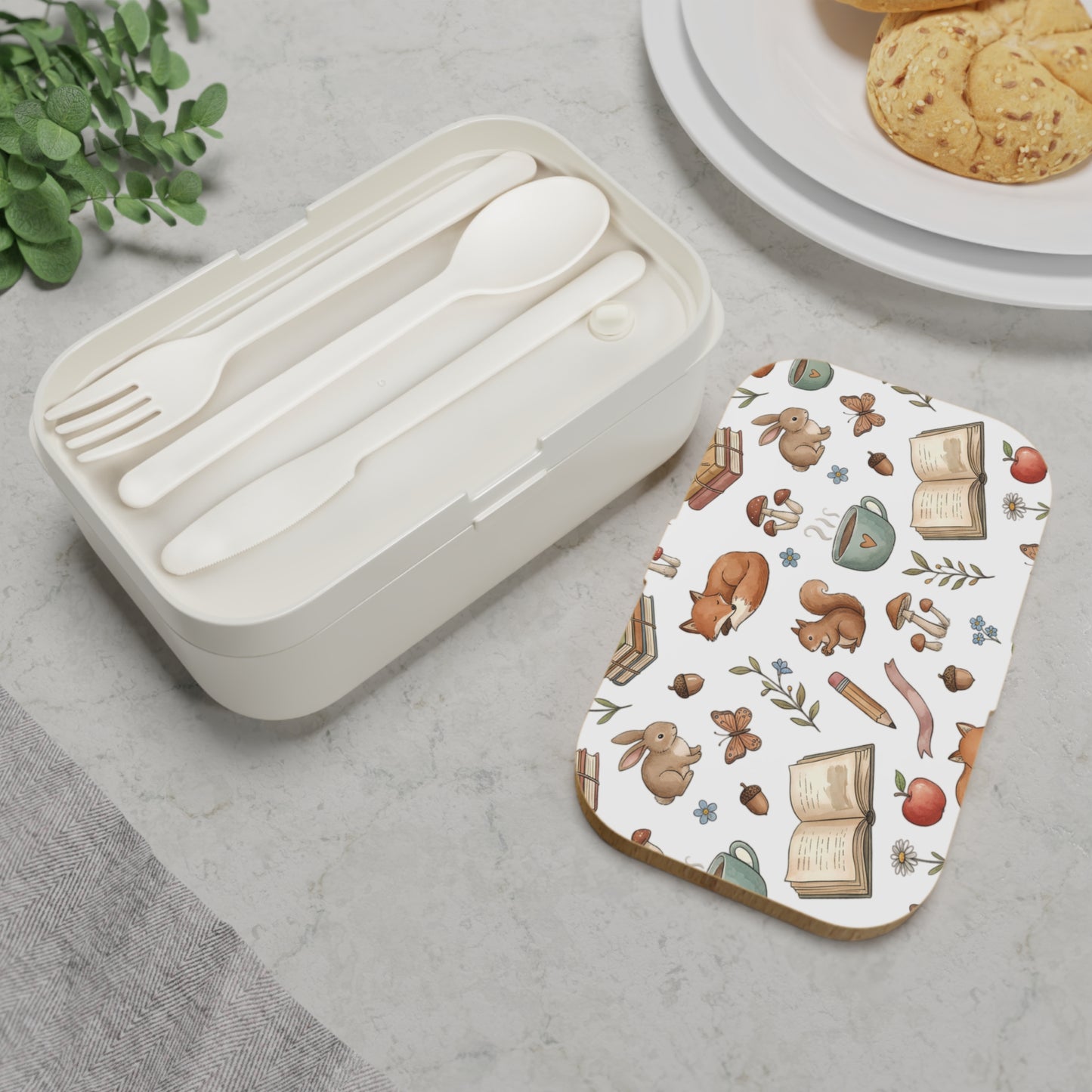 Woodland Reading Bento Lunch Box – Cute Fox, Bunny & Book Pattern