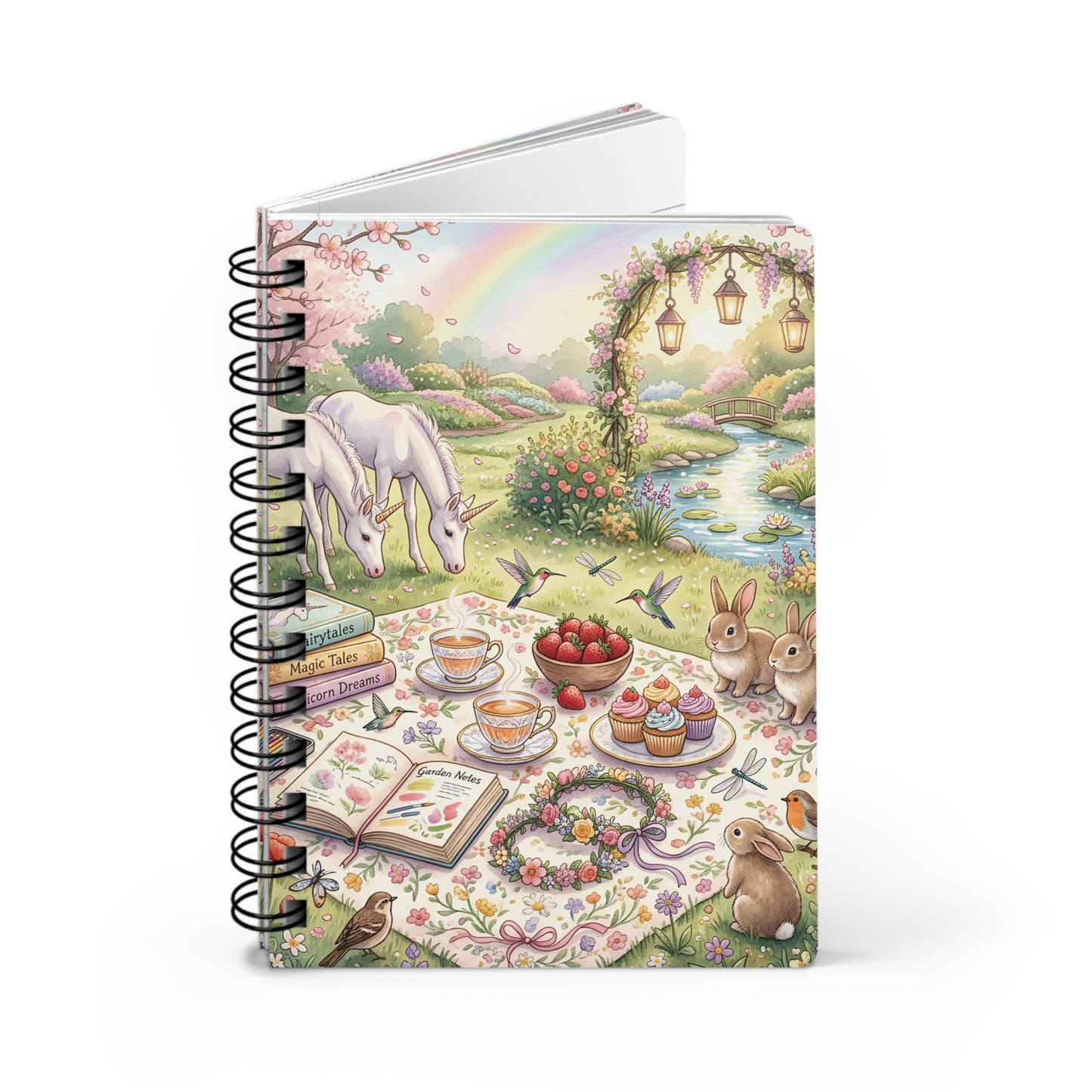 Whimsical Garden Tea Party Spiral Journal — Unicorn Picnic & Rainbow Illustration