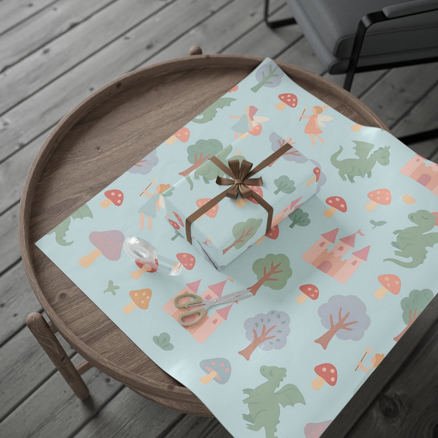 Whimsical Fairy Tale Wrapping Paper – Dragons, Fairies & Castles on Pastel Blue