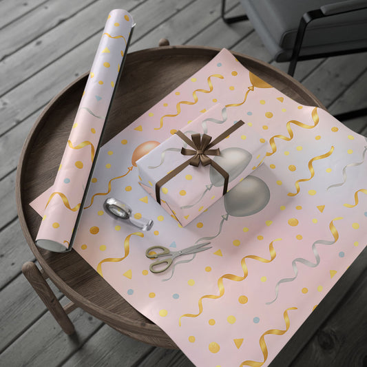 Celebration Balloon Wrapping Paper – Party Gift Wrap with Streamers & Confetti in Glossy or Matte