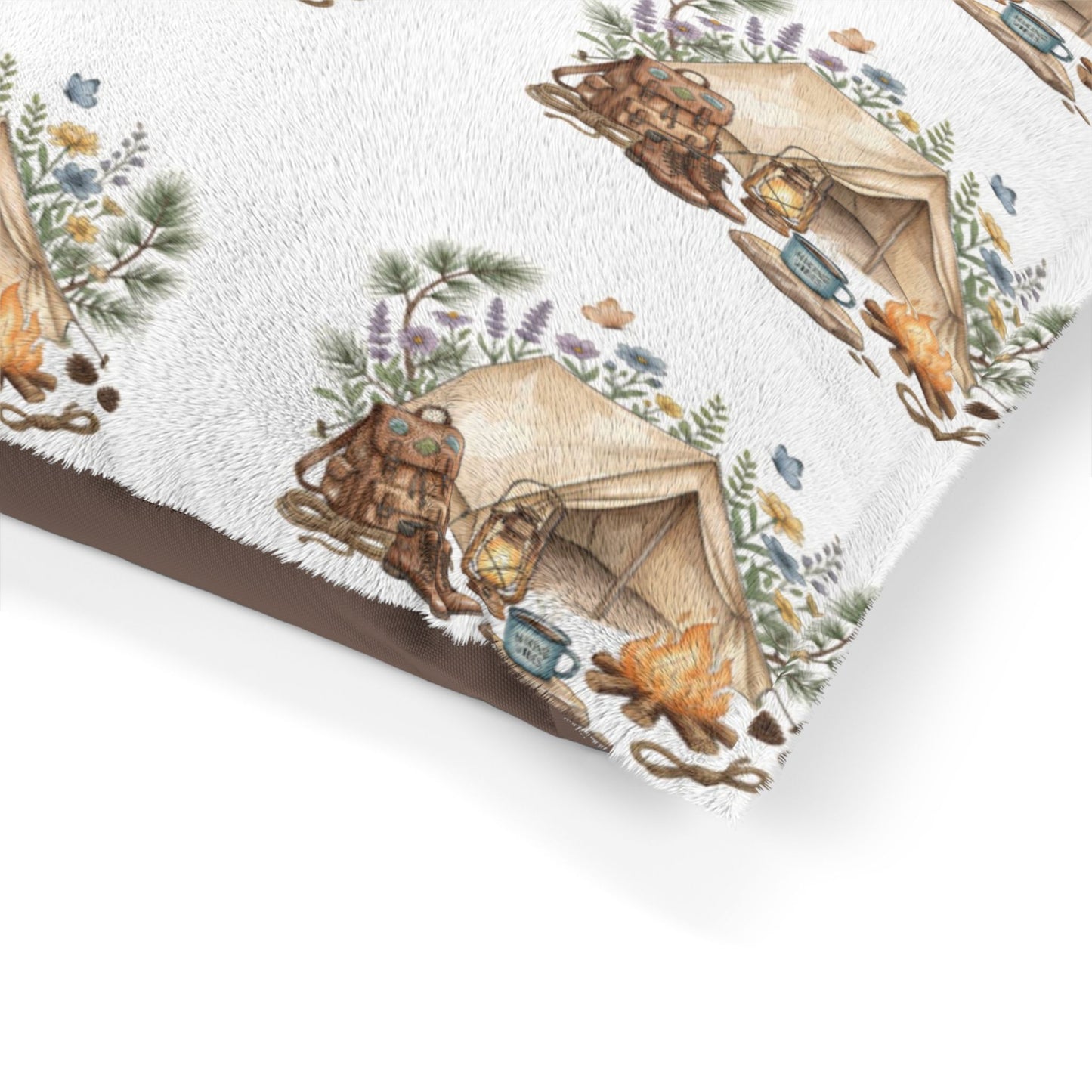 Cozy Camping Pet Bed — Watercolor Tent & Paw Print Pattern