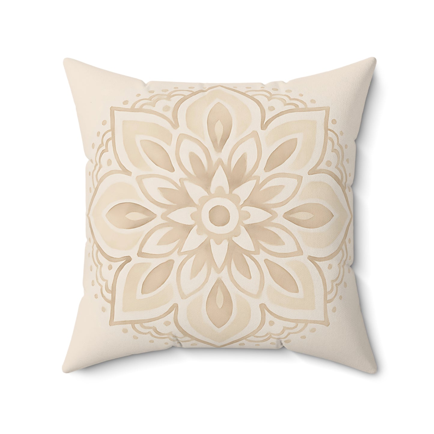 Neutral Mandala Throw Pillow – Boho Decorative Cushion with Cream Floral Medallion & Double-Sided Print