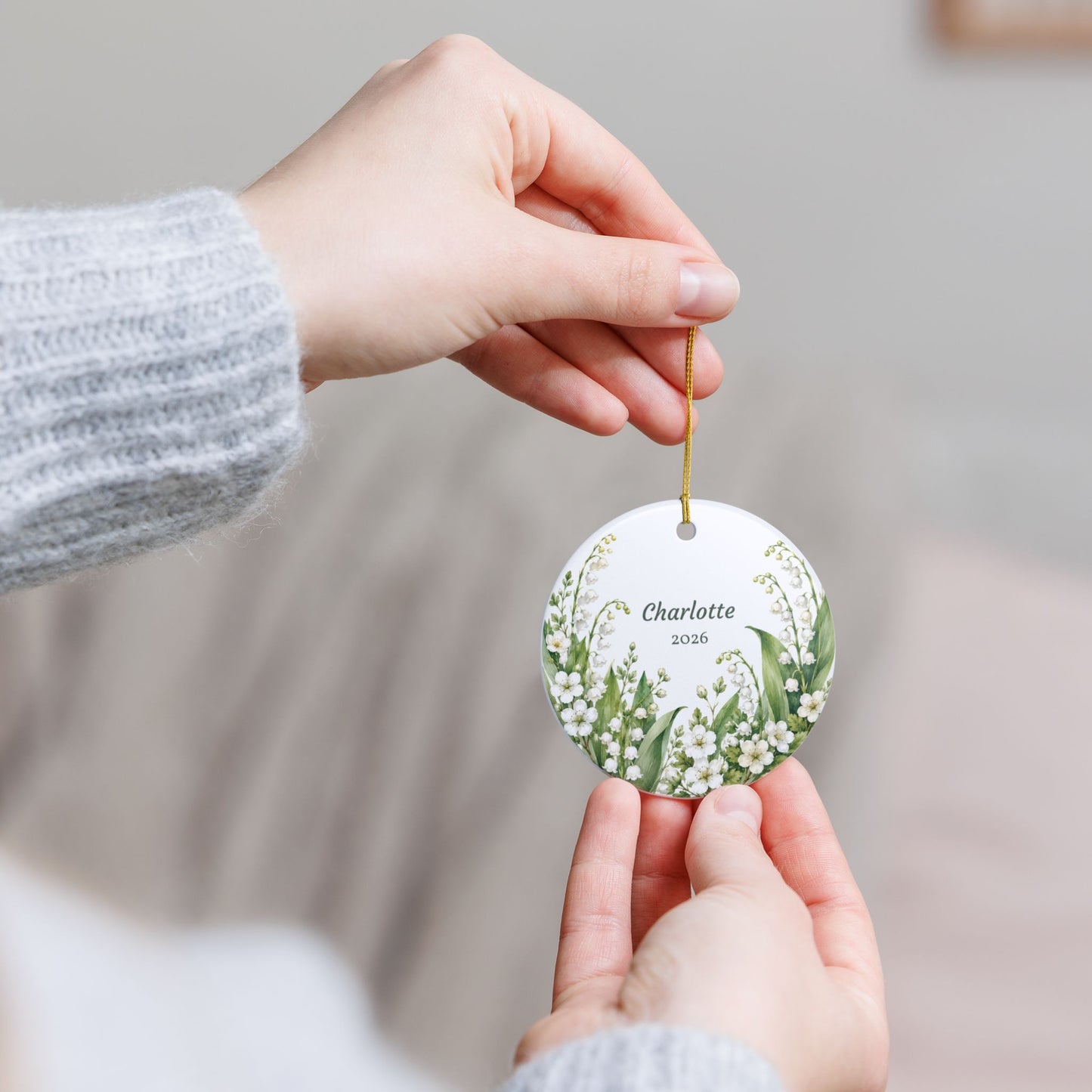 Personalized Lily of the Valley Ceramic Ornament — Custom Name & Year (e.g., Charlotte 2026)
