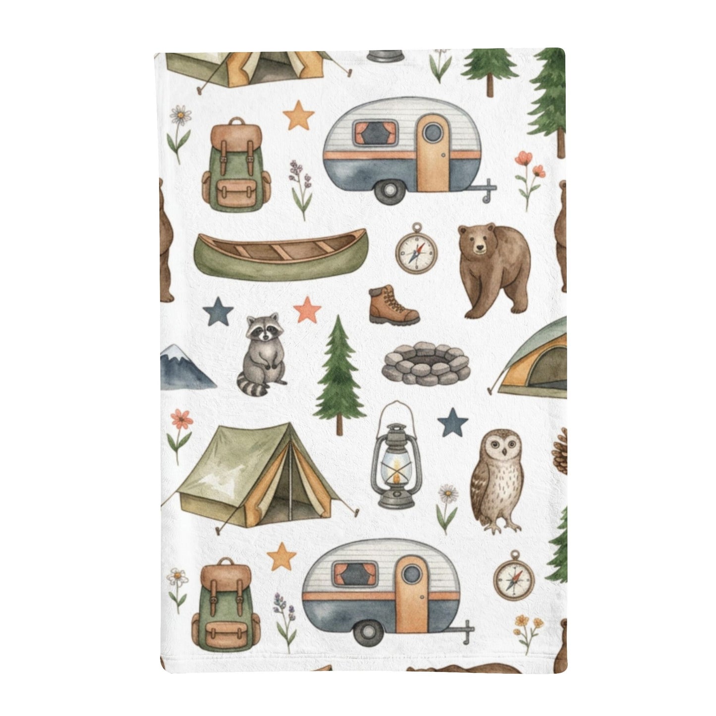 A white minky sleeping bag featuring a repeating watercolor-style camping pattern on a white background. The pattern includes vintage trailers, tents, a canoe, backpacks, a lantern, a campfire, trees, an owl, a raccoon, a bear, and stars in muted earthy tones.