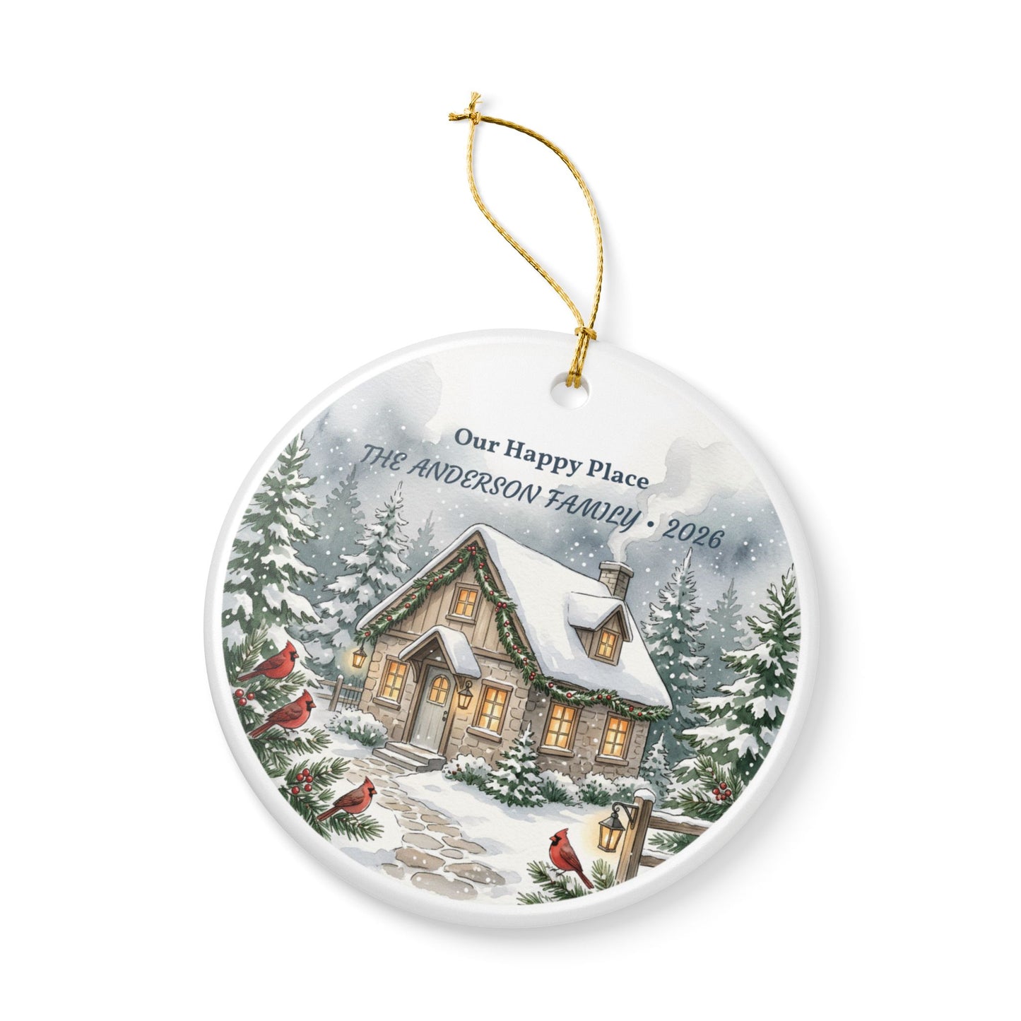 Personalized Ceramic Christmas Ornament – “Our Happy Place” Snowy Cottage with Family Name & Year