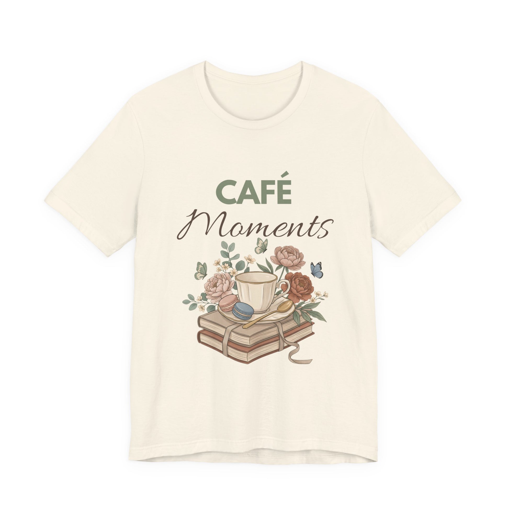 Natural colored t-shirt with 'CAFé Moments' text and coffee cup design on a white background