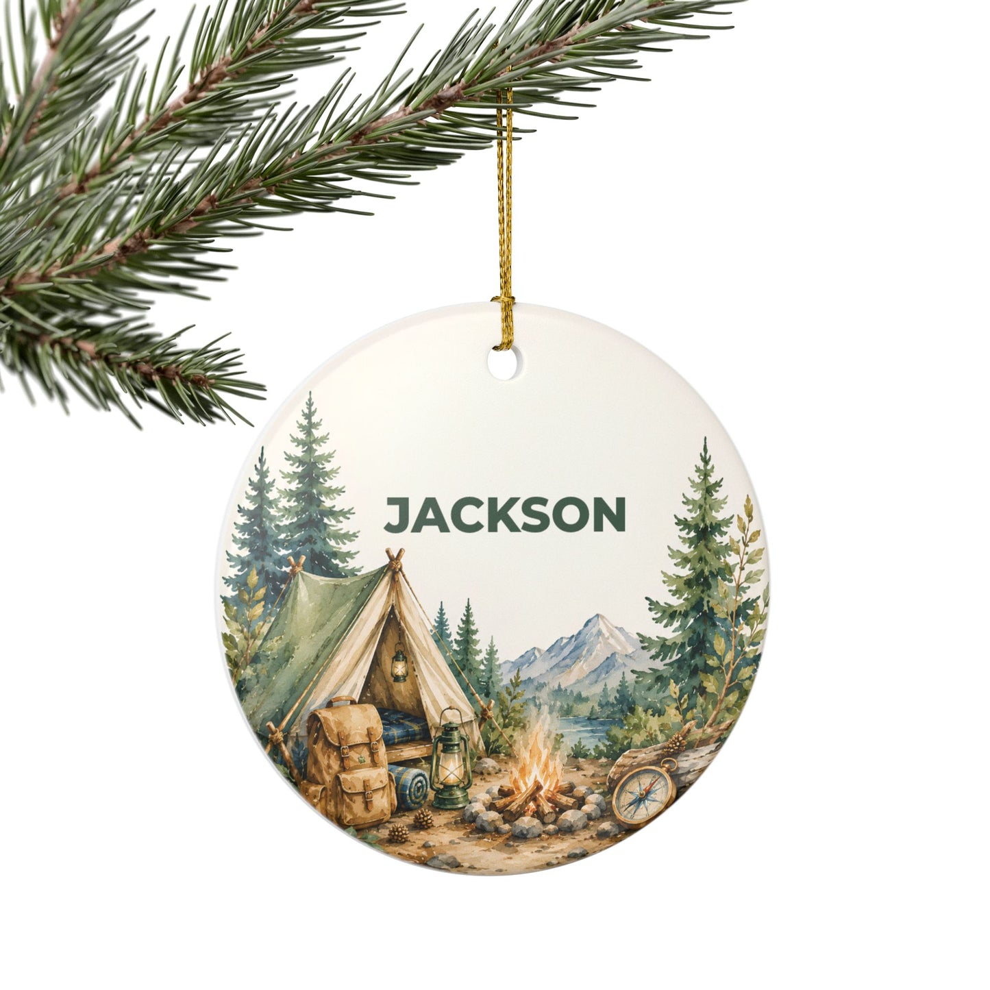 Personalized Camping Ornament — Custom Name Ceramic Holiday Decoration (Jackson)