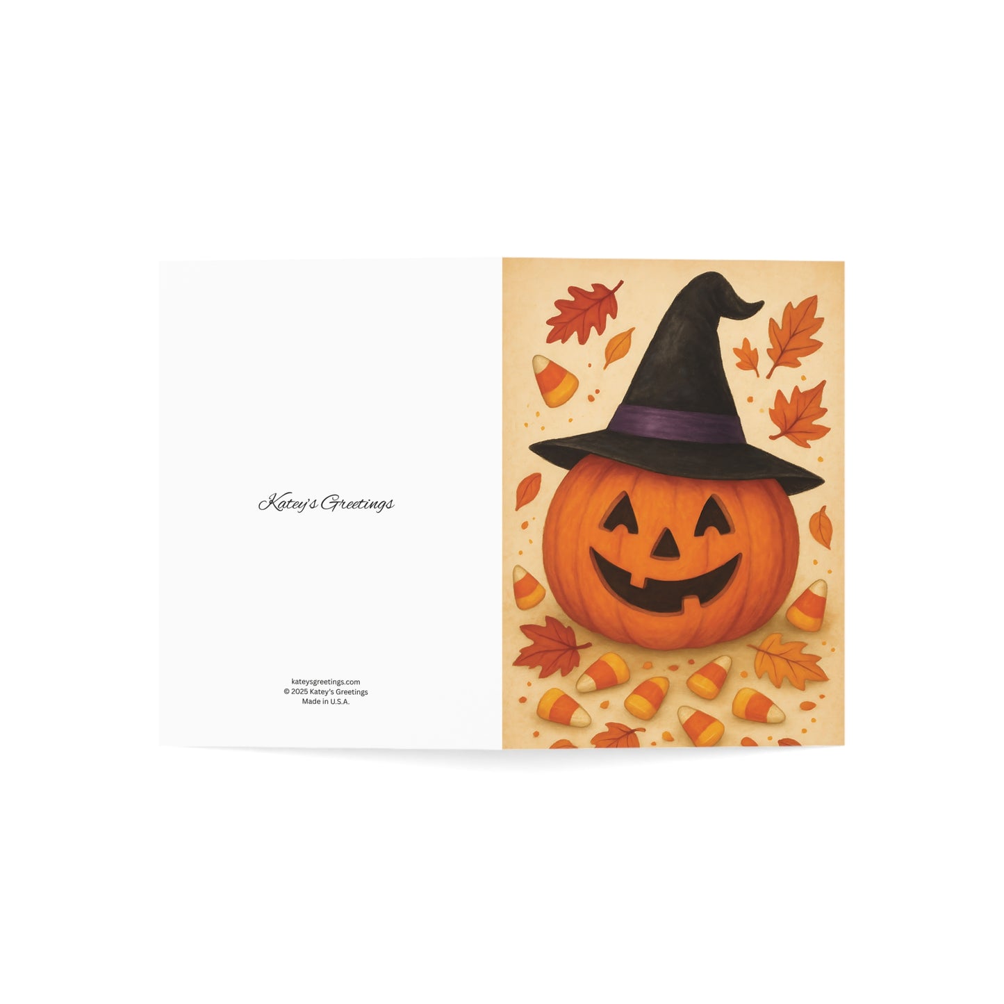 Halloween Card – Smiling Jack-O’-Lantern with Witch Hat & Candy Corn – Premium 270gsm Card + Envelope