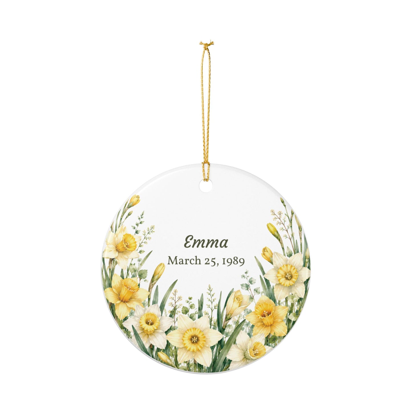 Personalized Daffodil Floral Ceramic Ornament — Name & Date Memorial Gift