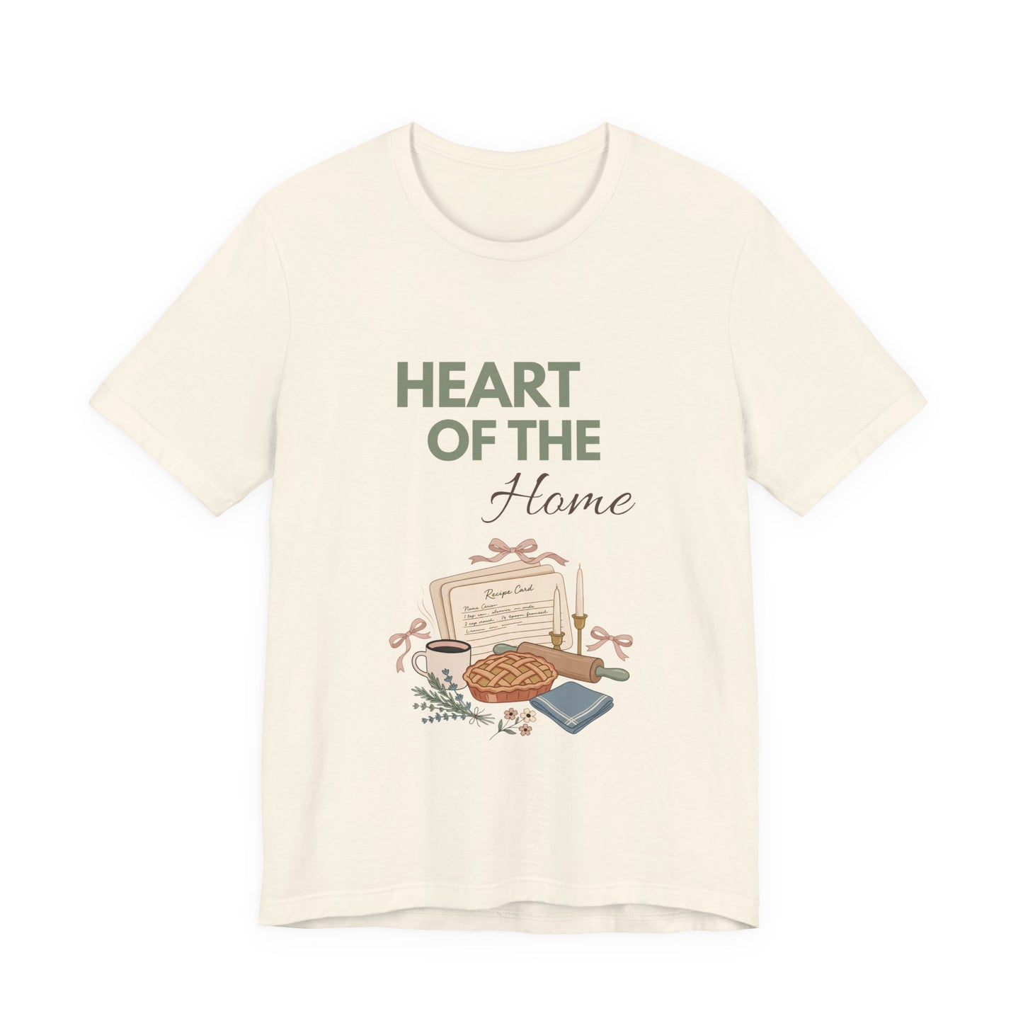 A natural colored t-shirt with 'HEART OF THE Home' on the front.
