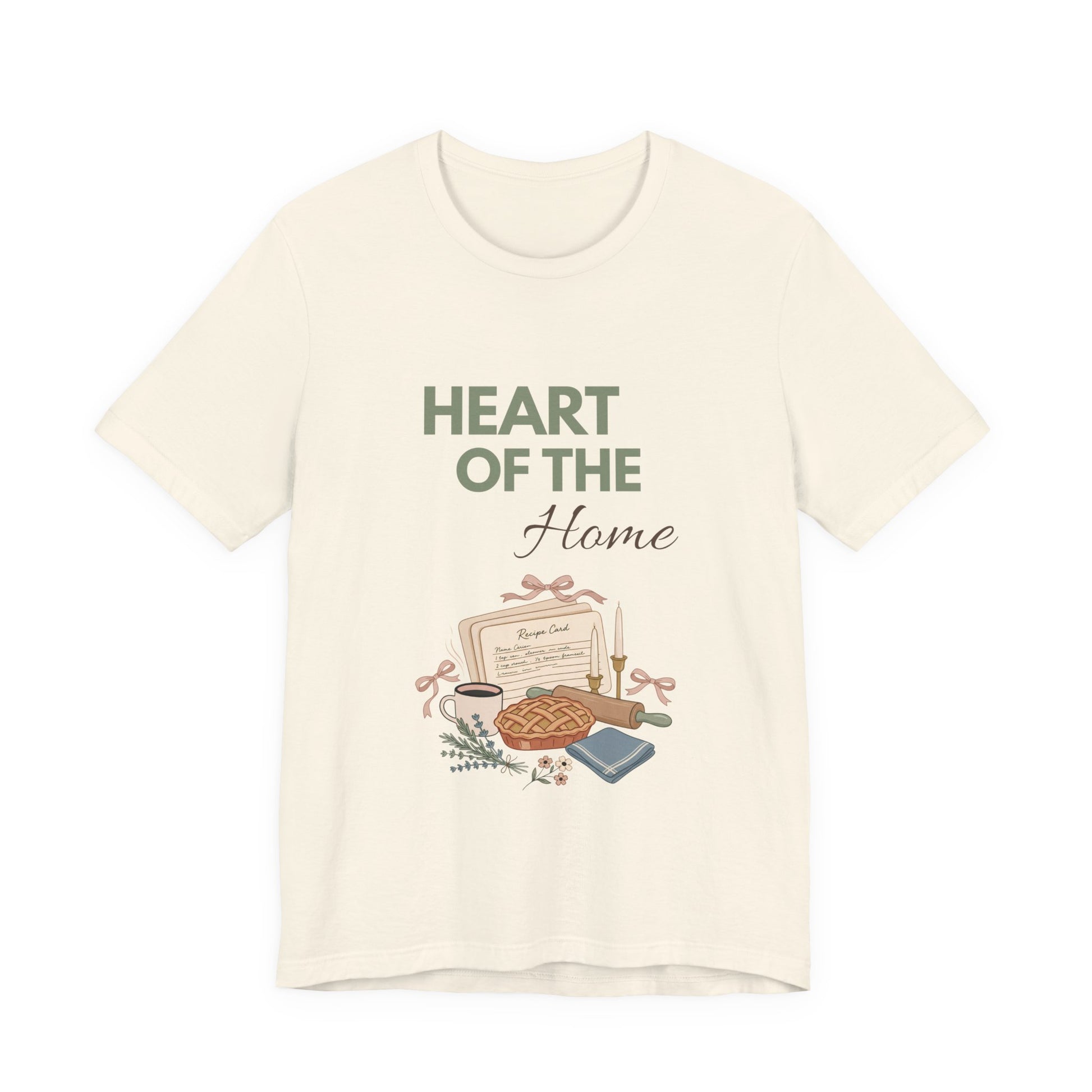 A natural colored t-shirt with 'HEART OF THE Home' on the front.