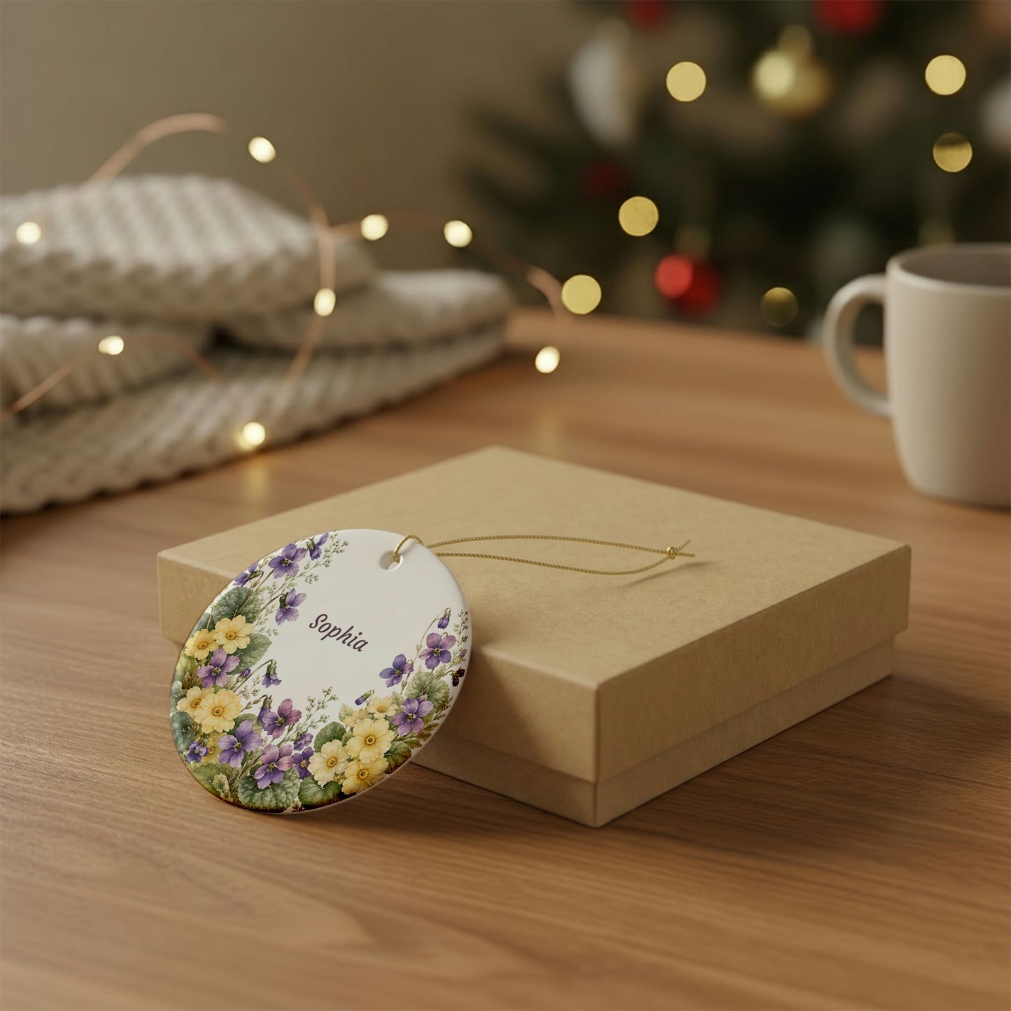 Personalized Floral Ceramic Ornament — Custom Name Violet & Yellow Flower Decoration