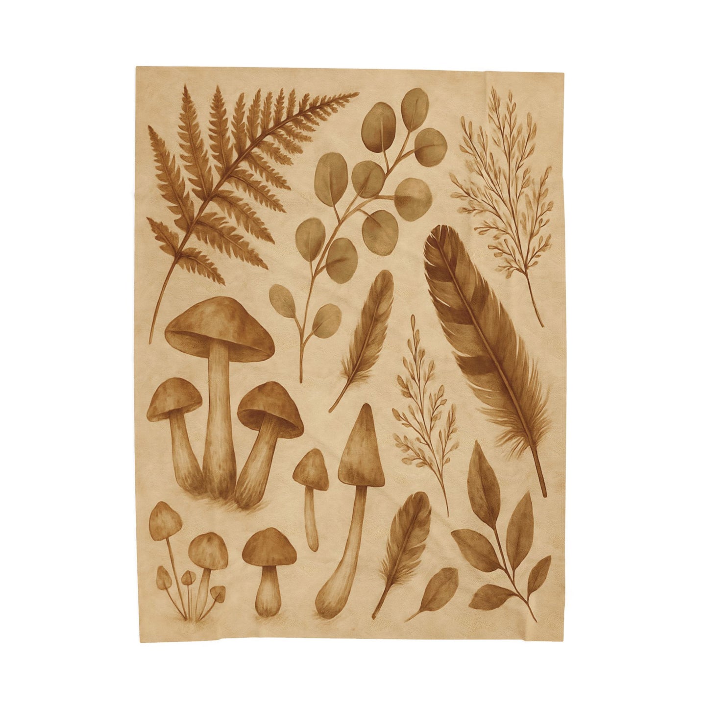 Botanical Mushroom & Fern Plush Blanket - Earthy Nature-Inspired Throw