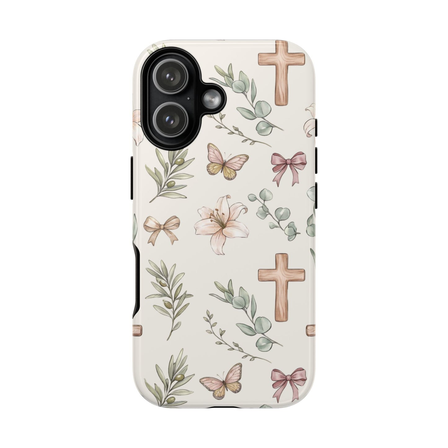 Floral Cross Tough Phone Case — Pastel Butterflies & Bows Christian Design