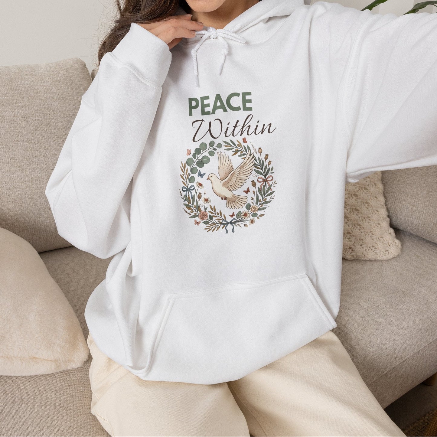 Peace Within Hoodie — Dove Wreath Spiritual Comfort Pullover