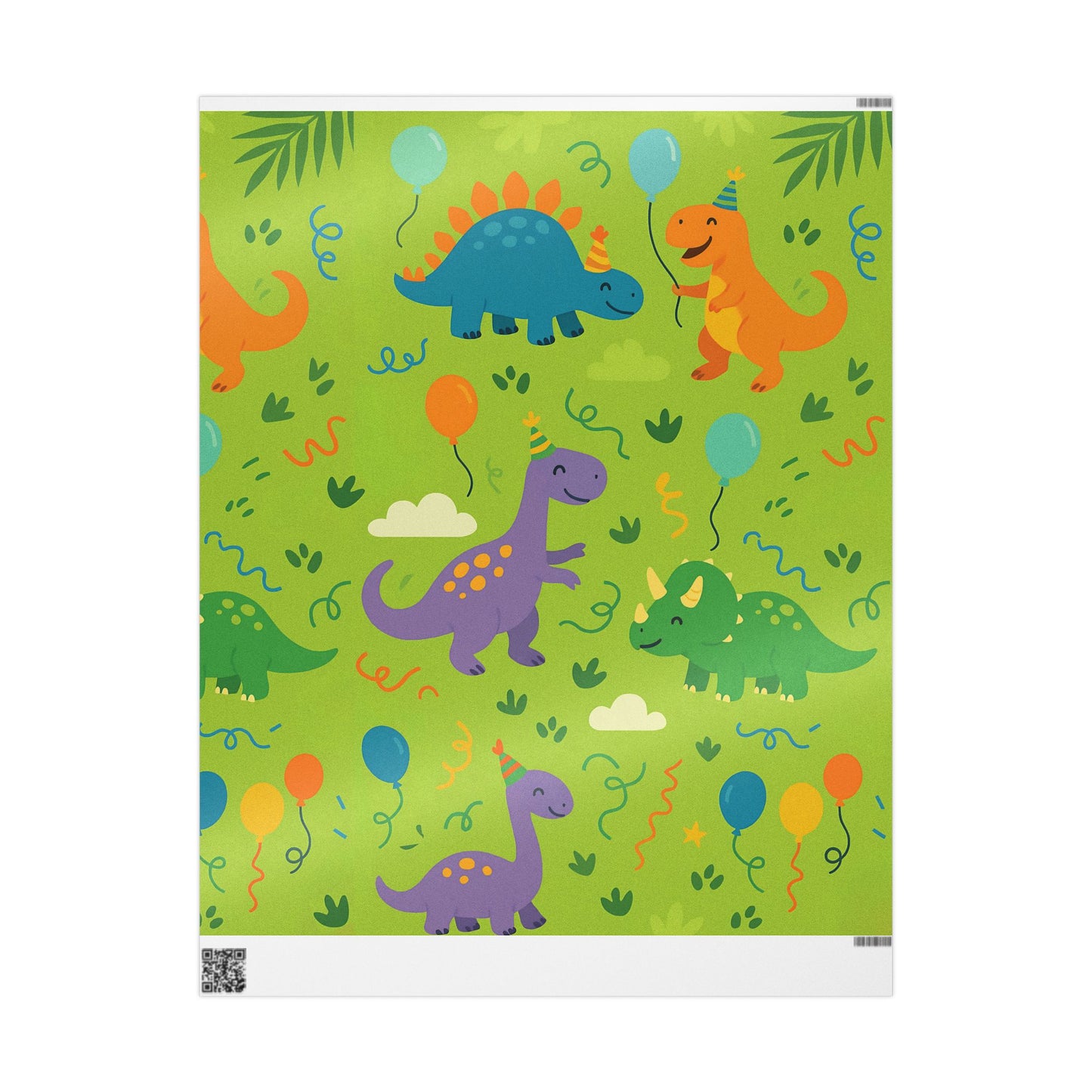 Dinosaur Party Wrapping Paper – Colorful Dinos with Balloons & Hats on Green